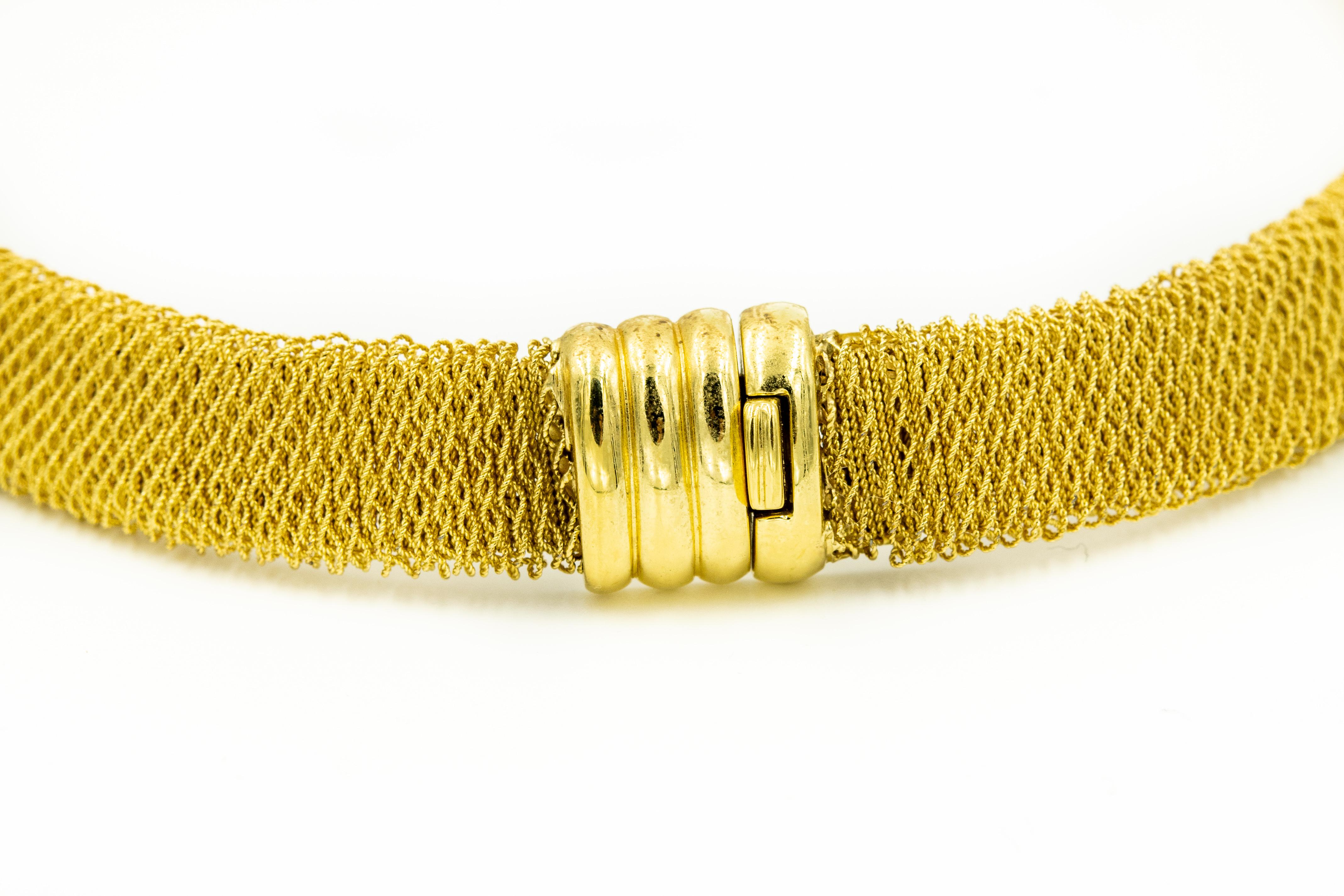 Women's Italian Diamond Buckle Woven Mesh 18 Karat Yellow Gold Necklace