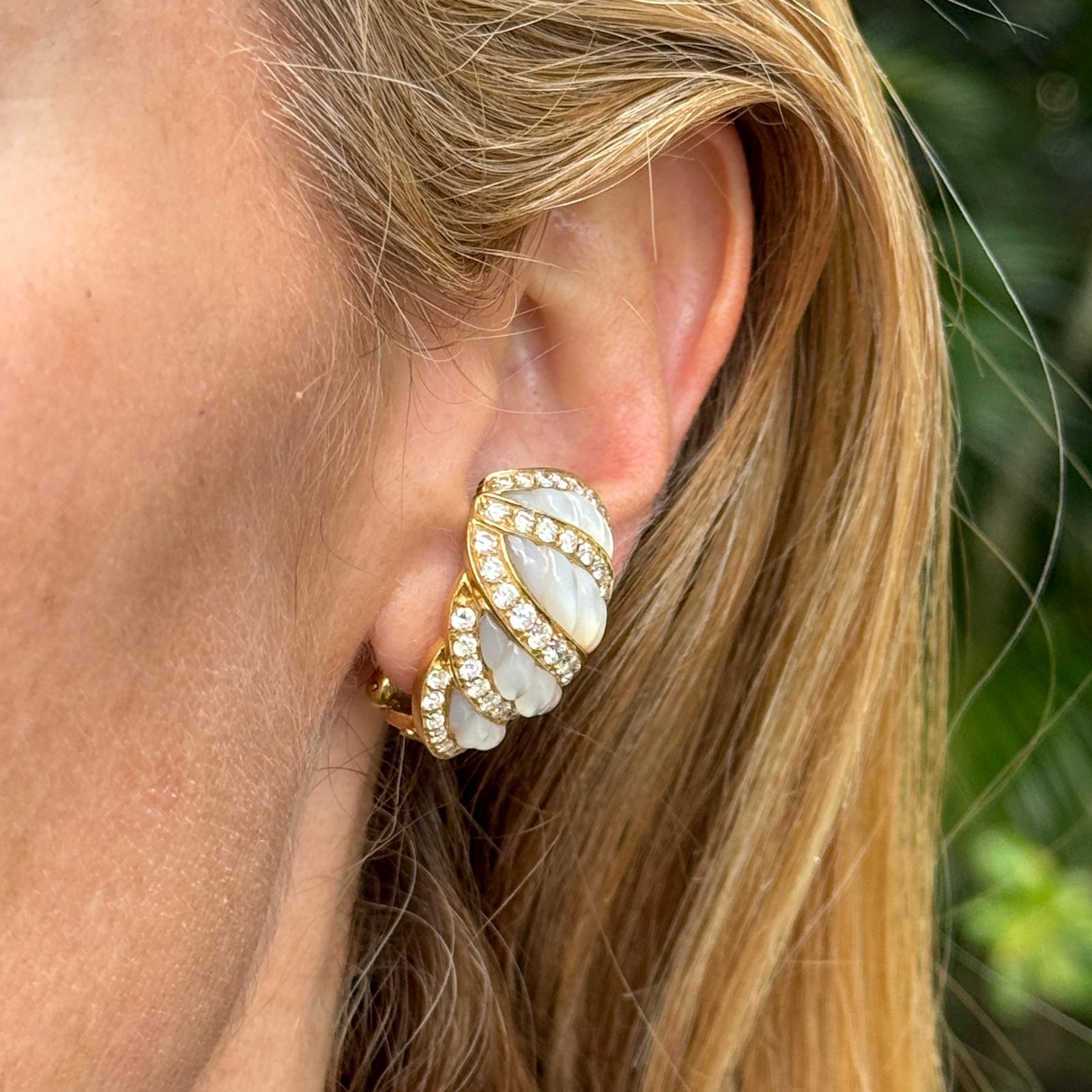 Modern Italian Diamond Carved Mother of Pearl 18 Karat Yellow Gold Shrimp Earrings For Sale