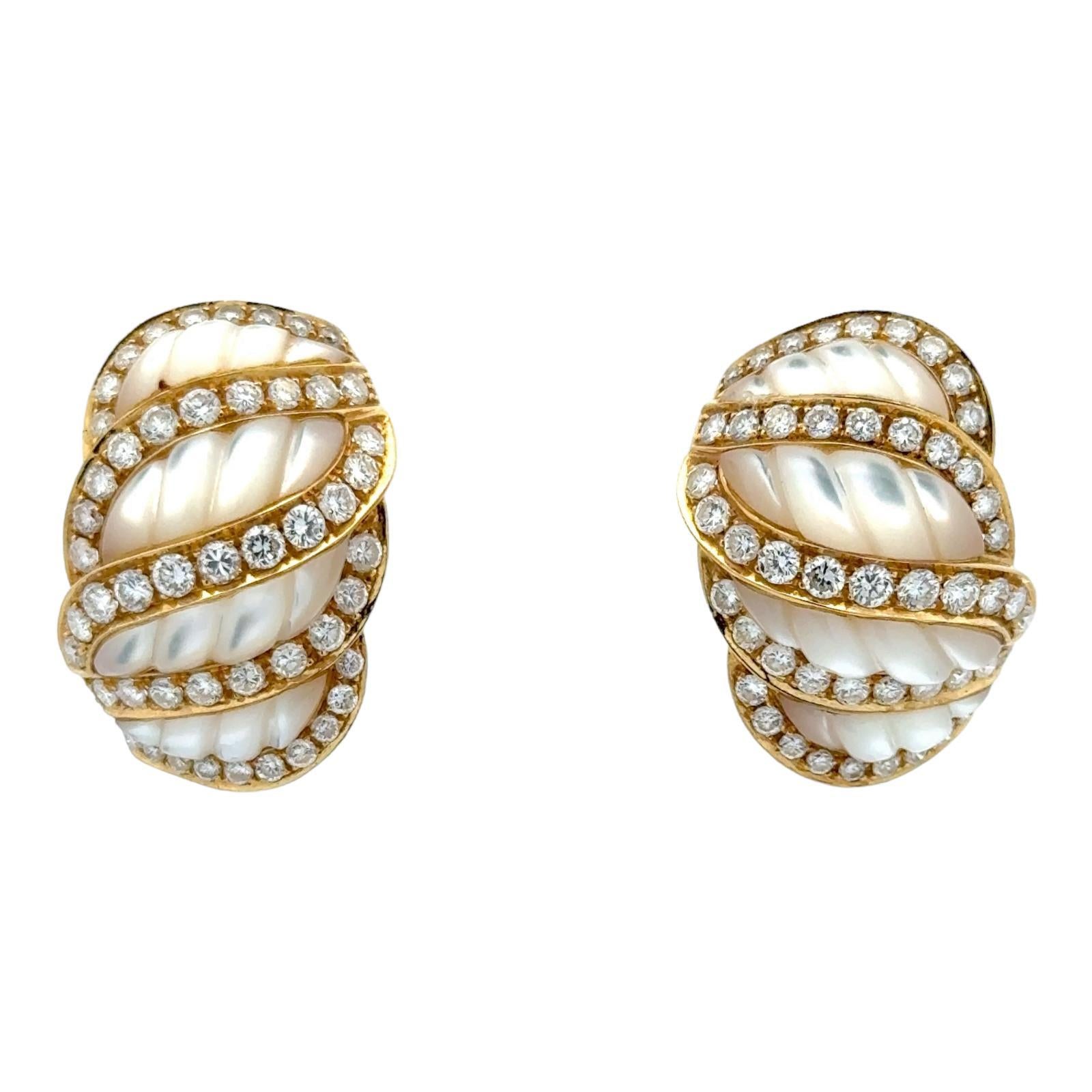 Brilliant Cut Italian Diamond Carved Mother of Pearl 18 Karat Yellow Gold Shrimp Earrings For Sale