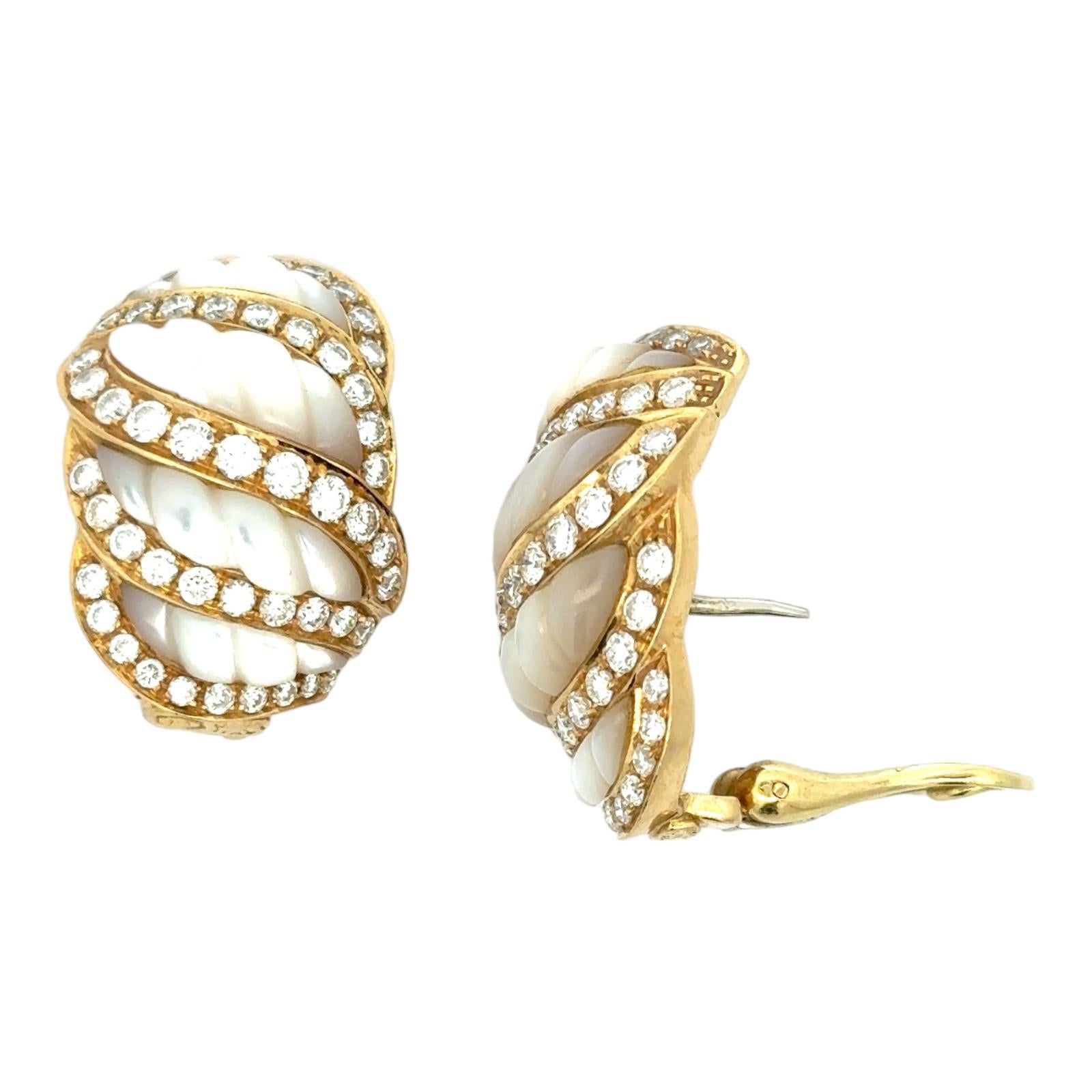 Women's Italian Diamond Carved Mother of Pearl 18 Karat Yellow Gold Shrimp Earrings For Sale