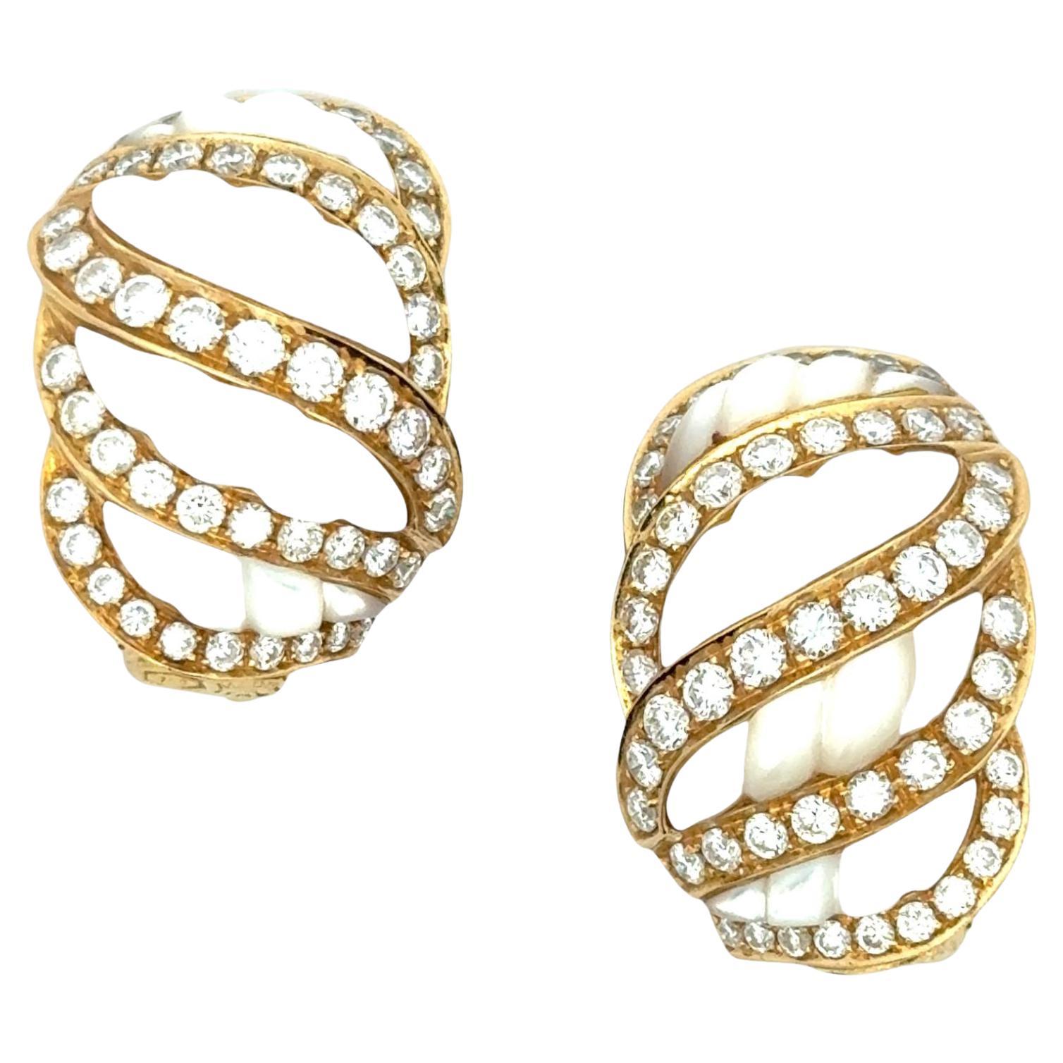 Italian Diamond Carved Mother of Pearl 18 Karat Yellow Gold Shrimp Earrings For Sale