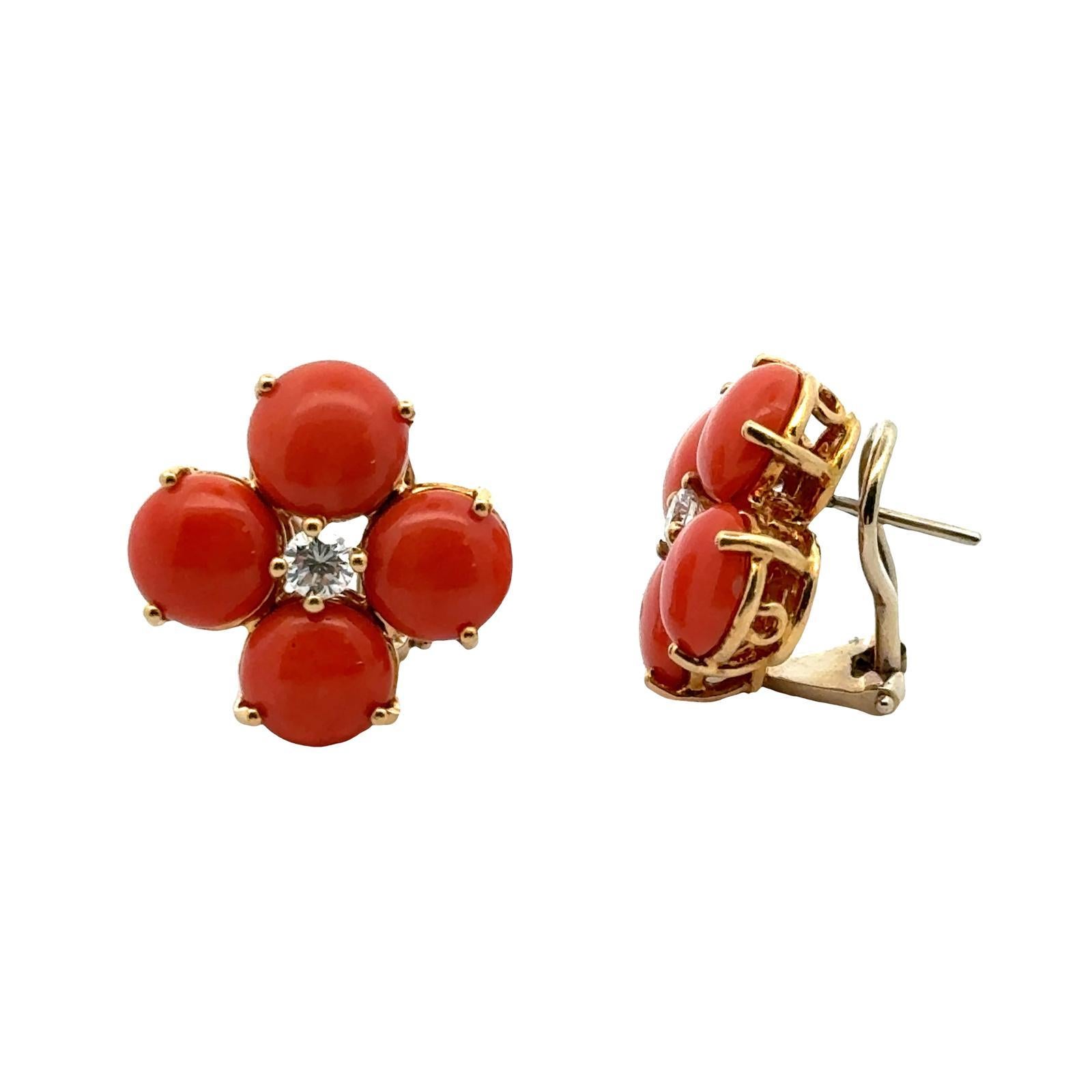 Round Cut Italian Diamond Coral 18 Karat Yellow Gold Floral Lever-Back Vintage Earrings For Sale