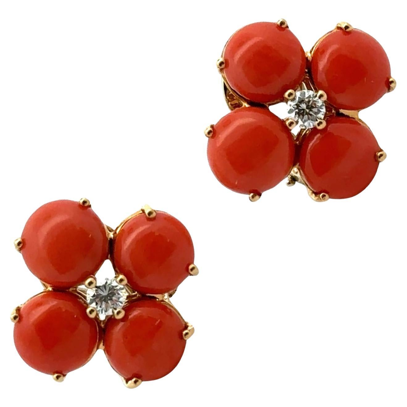 Italian Diamond Coral 18 Karat Yellow Gold Floral Lever-Back Vintage Earrings For Sale