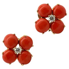 Italian Diamond Coral 18 Karat Yellow Gold Floral Lever-Back Vintage Earrings