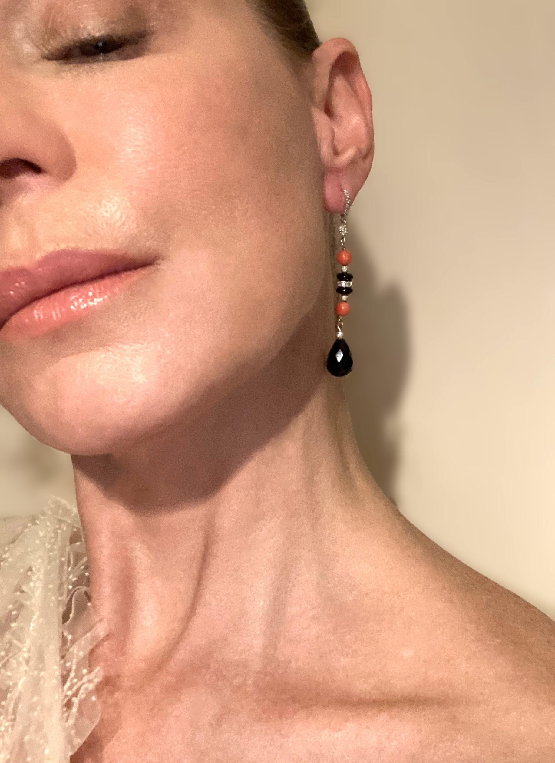 Brilliant Cut Italian Diamond Coral and Black Onyx Dangle Earrings, Pair For Sale