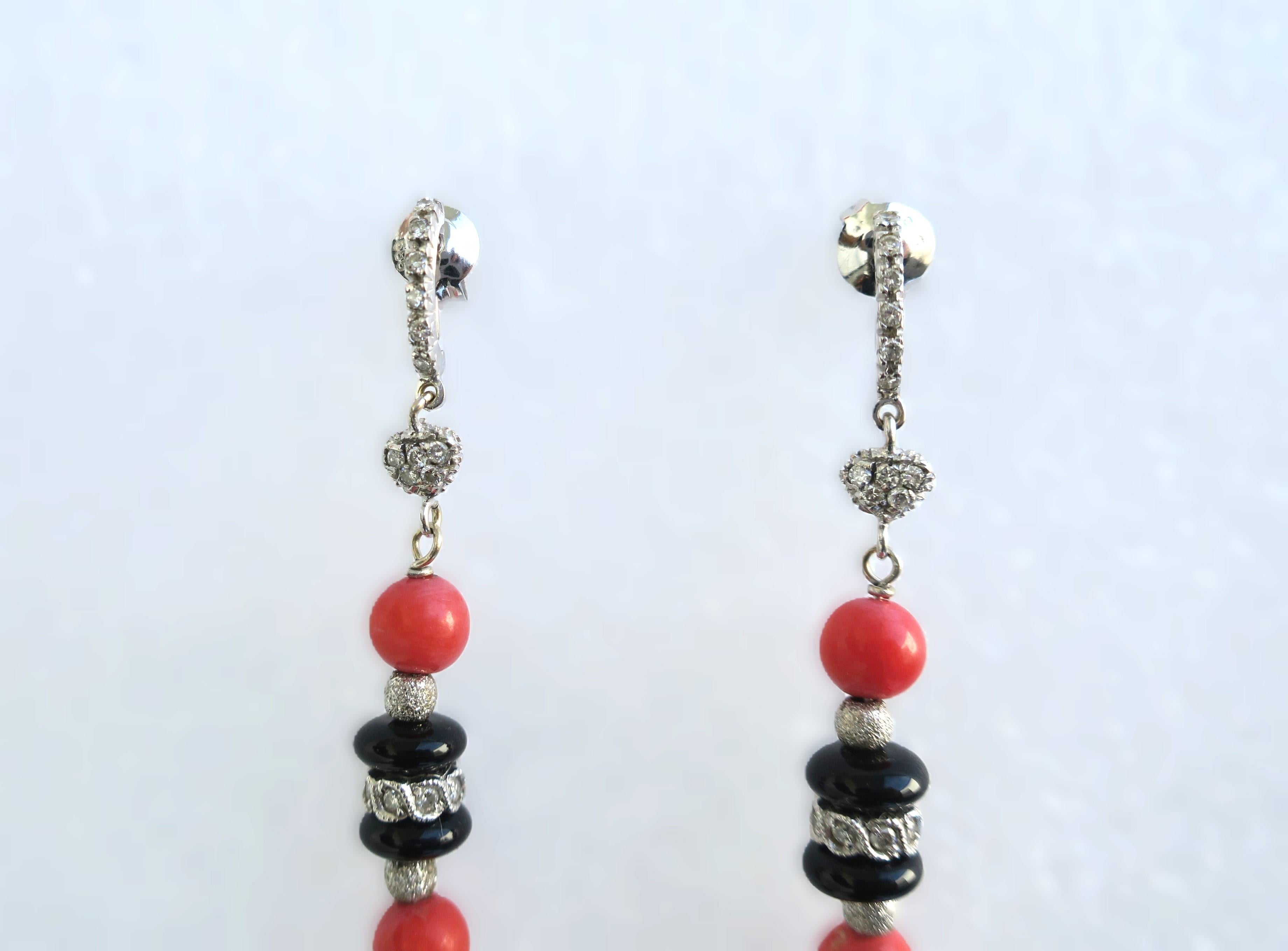 Italian Diamond Coral and Black Onyx Dangle Earrings, Pair For Sale 1