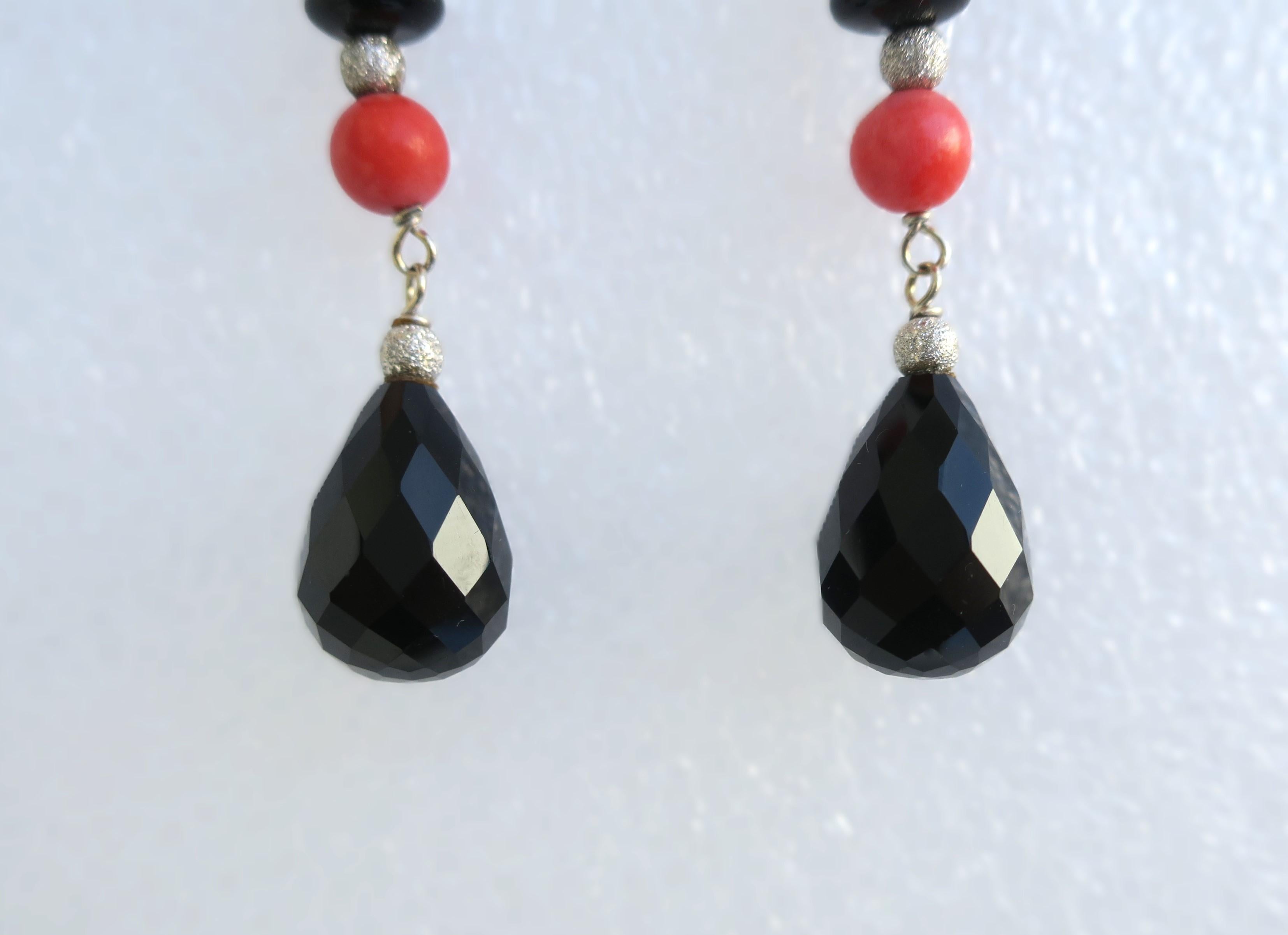 Italian Diamond Coral and Black Onyx Dangle Earrings, Pair For Sale 2
