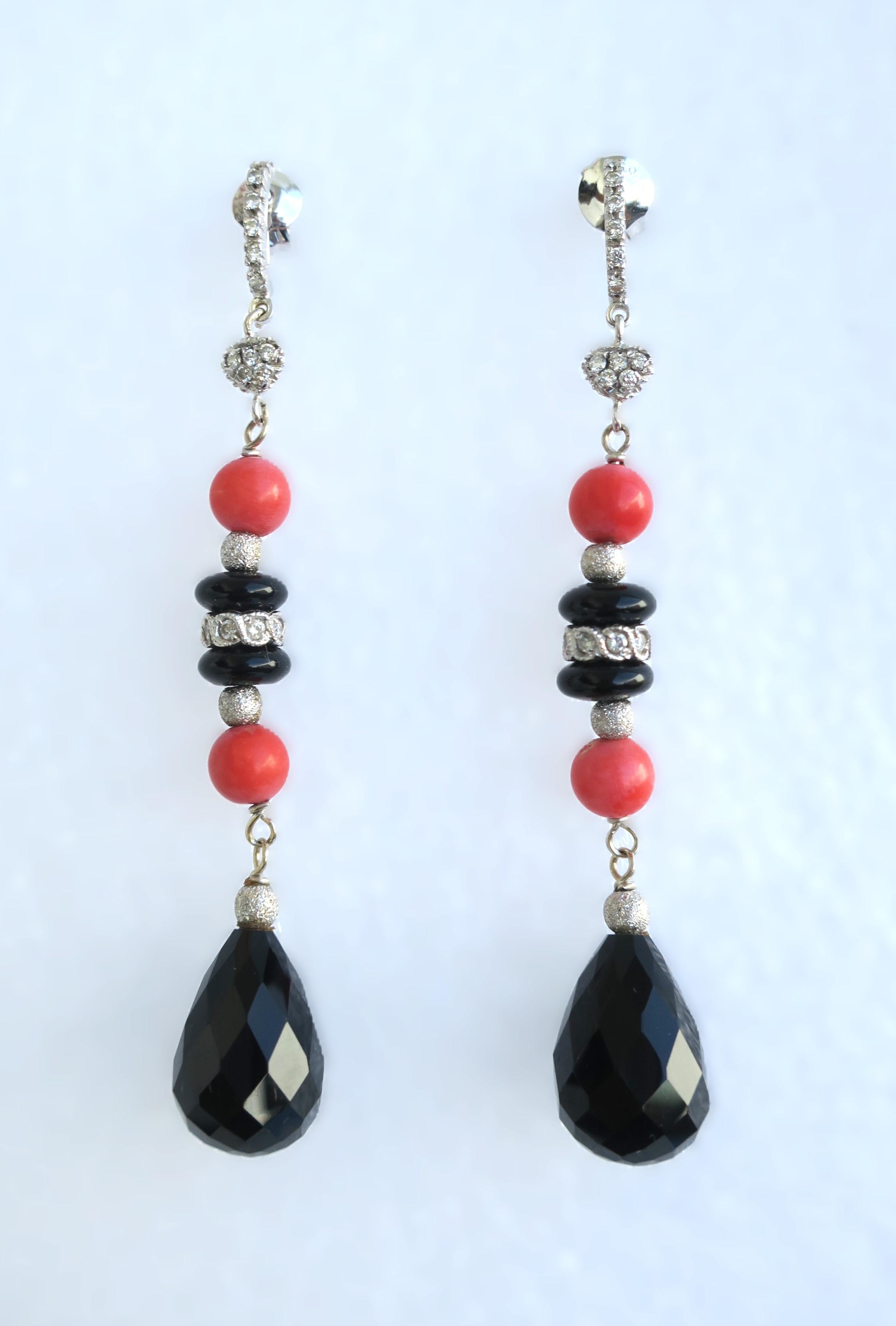 Italian Diamond Coral and Black Onyx Dangle Earrings, Pair For Sale 3