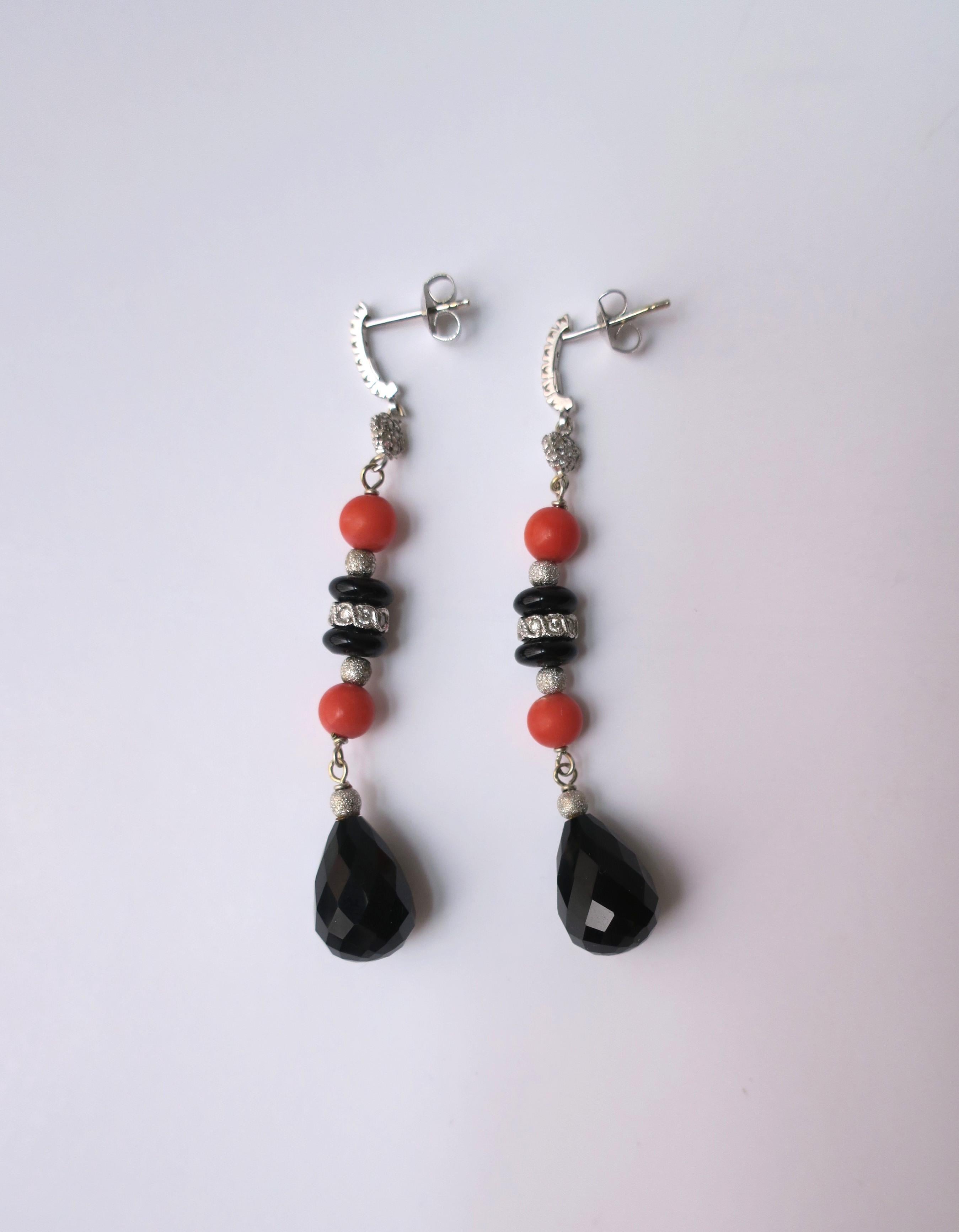 Italian Diamond Coral and Black Onyx Dangle Earrings, Pair For Sale 4