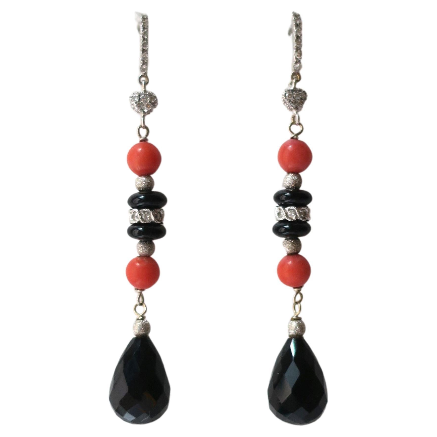 Italian Diamond Coral and Black Onyx Dangle Earrings, Pair For Sale