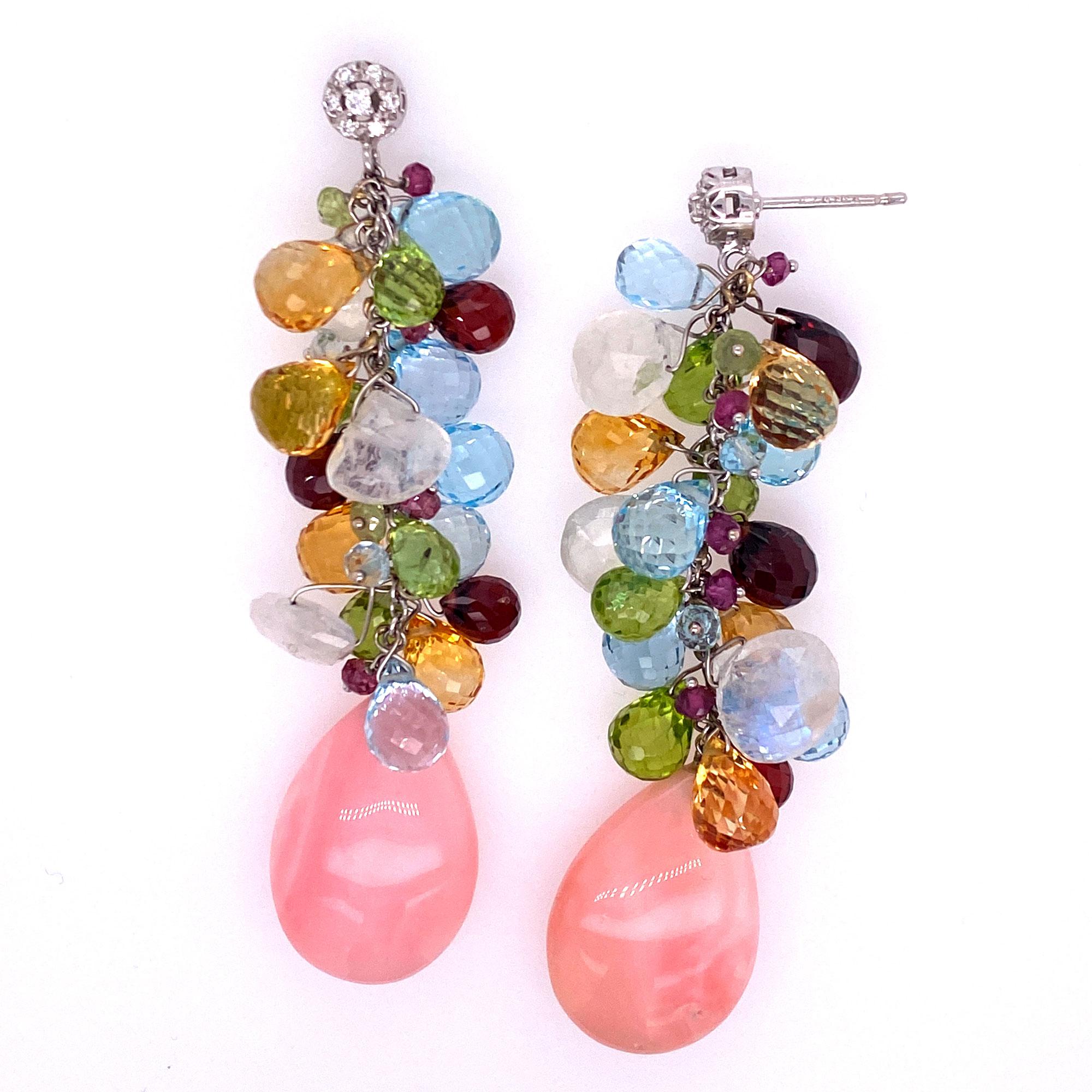 Modern Italian Diamond Coral Color Briolette Gemstone Drop Earrings 18KWG Signed Zoccai