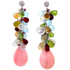 Italian Diamond Coral Color Briolette Gemstone Drop Earrings 18KWG Signed Zoccai