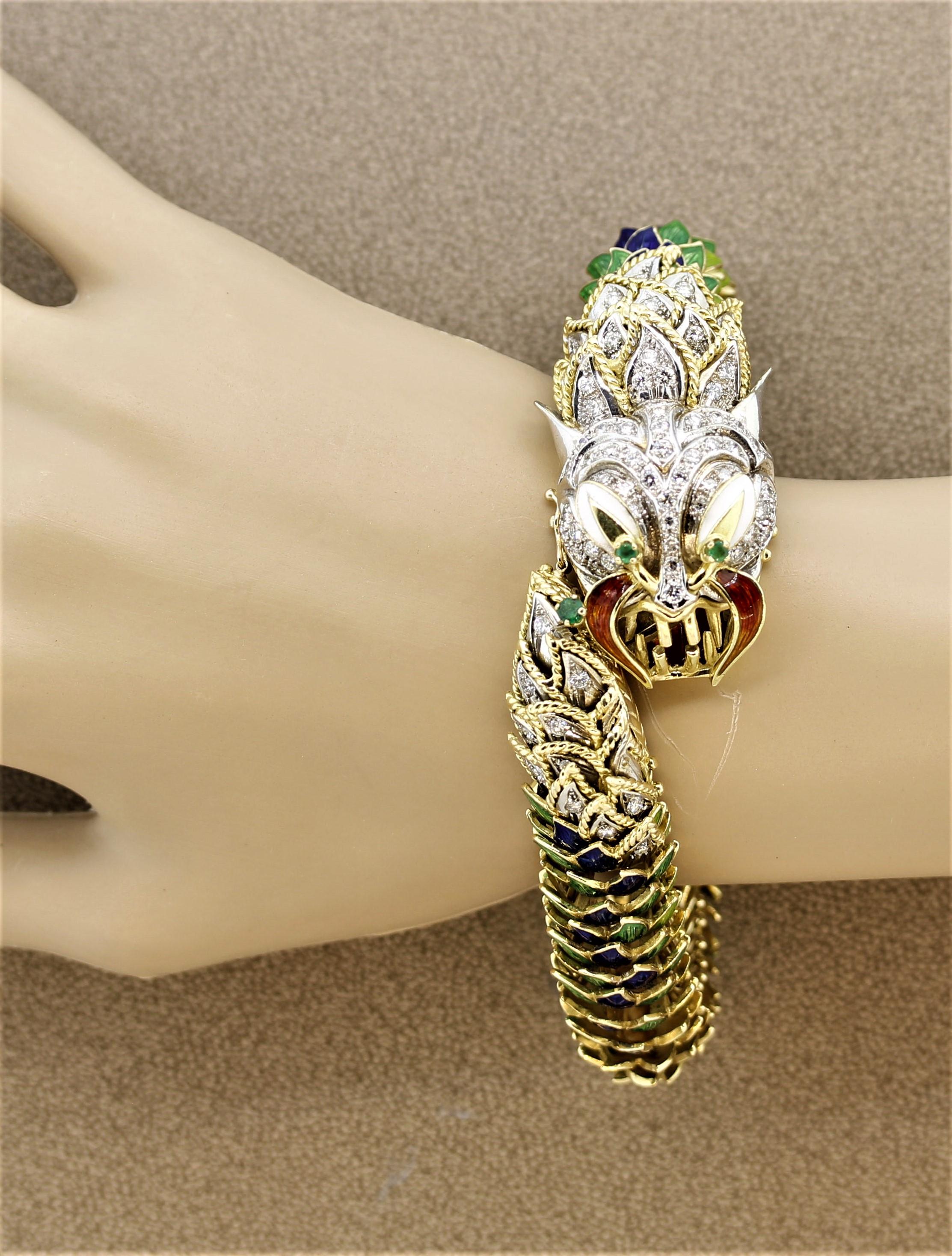 Bracelet italien en or avec dragon en diamants, émeraudes et émail en vente 5