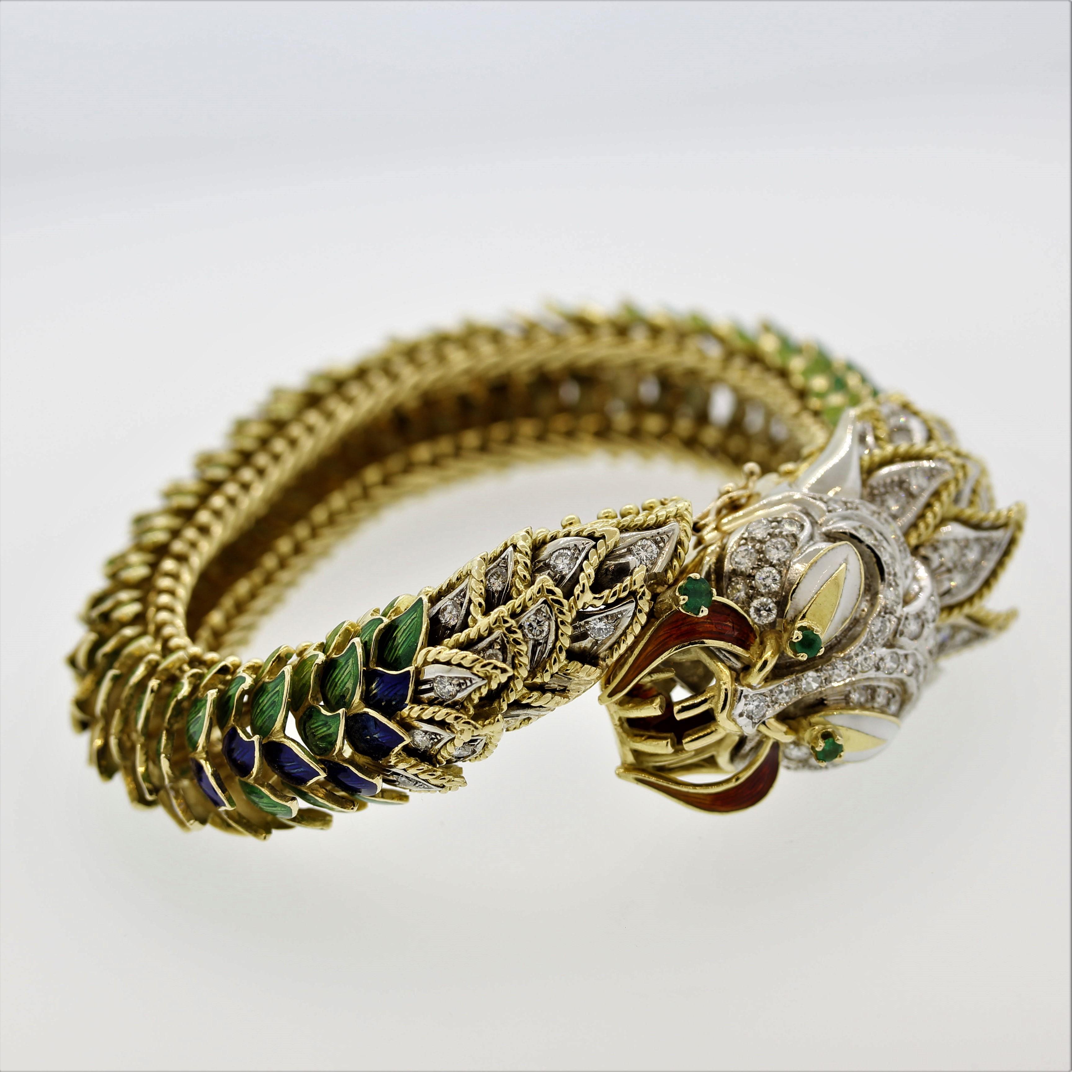 An extraordinary and exceptionally detailed dragon bracelet. The bracelet was made by the finest goldworks in Italy. The dragons 18k gold armature was expertly designed allowing each set of scales to flex and bend on its own. For a large and