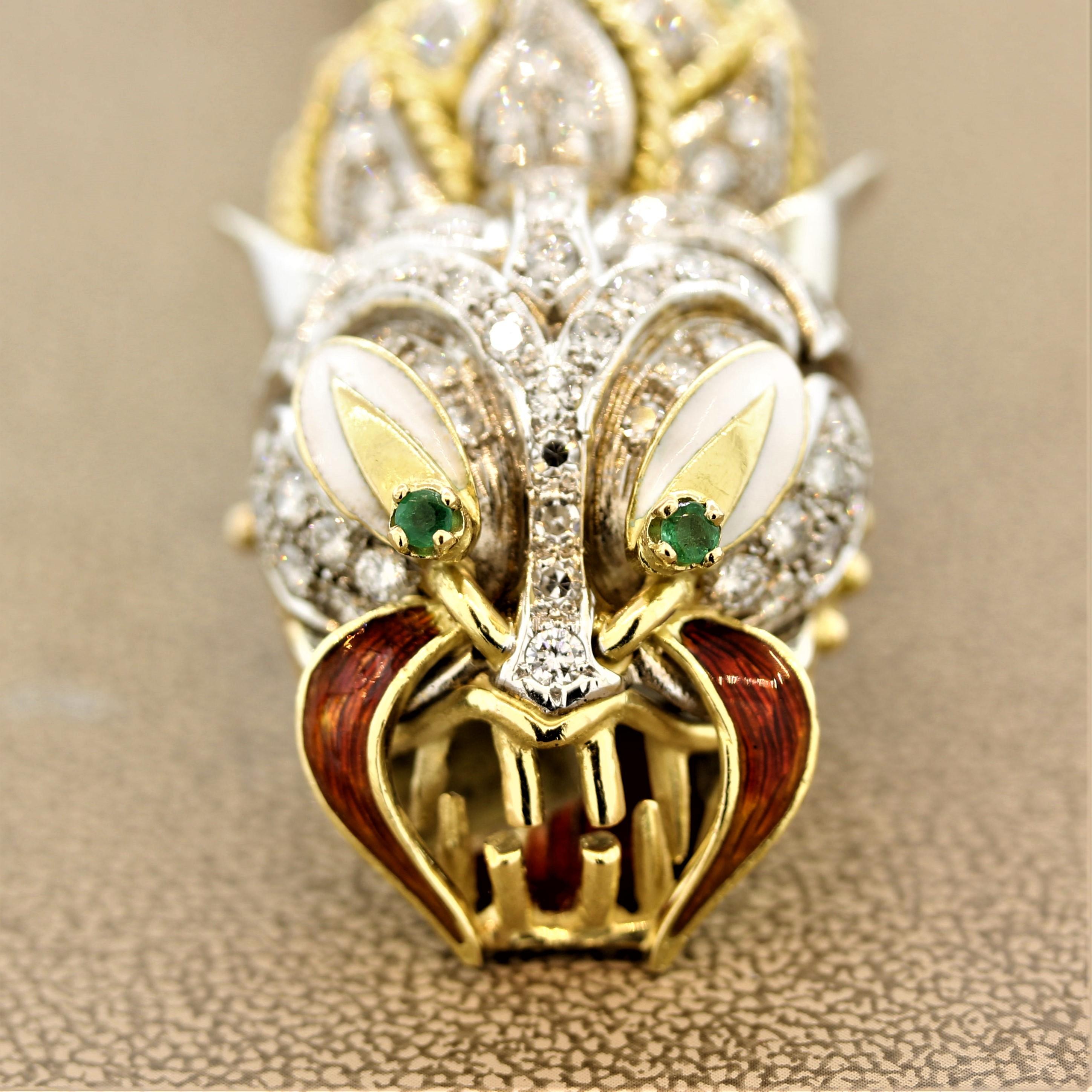 Round Cut Italian Diamond Emerald Enamel Dragon Gold Bracelet For Sale