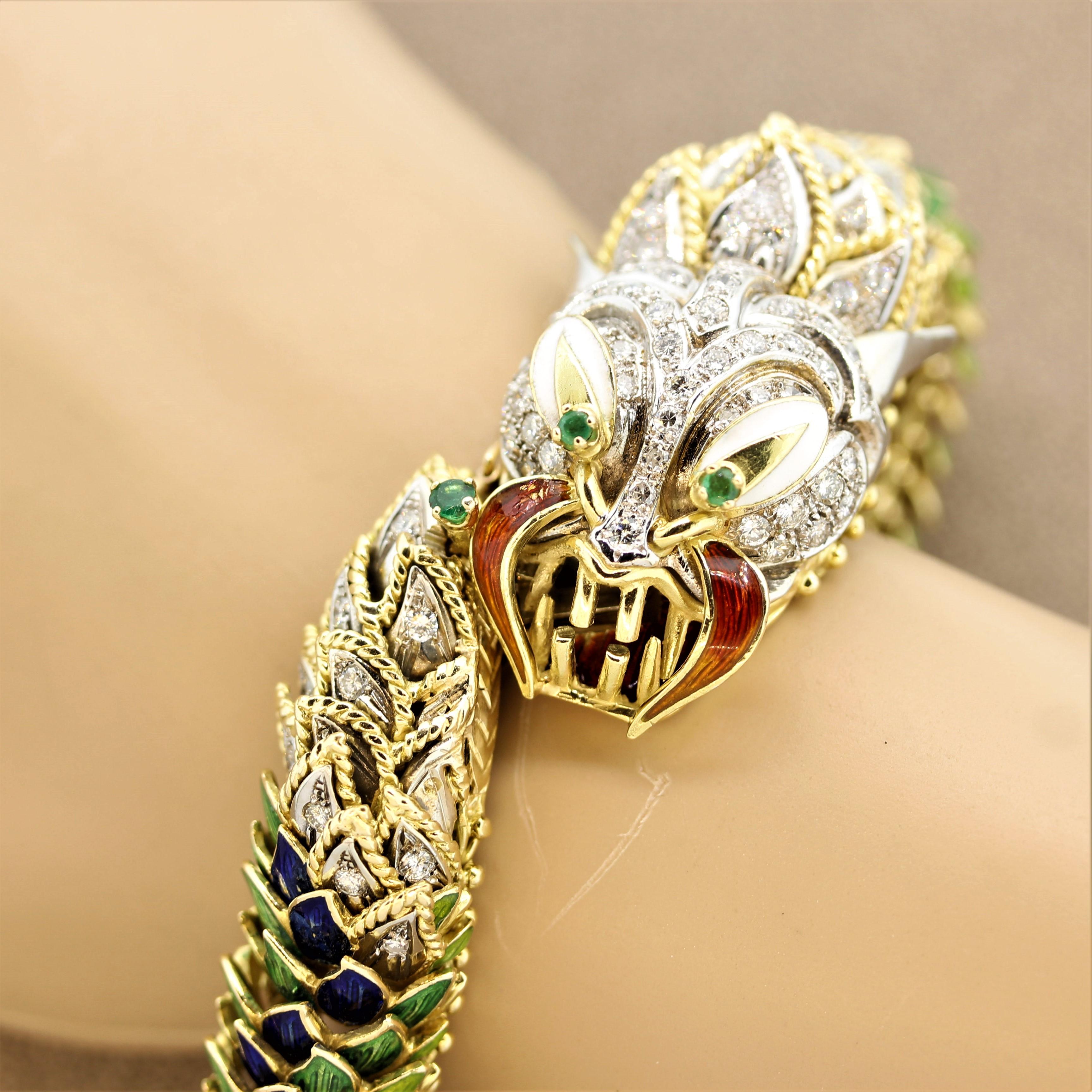 Bracelet italien en or avec dragon en diamants, émeraudes et émail en vente 4