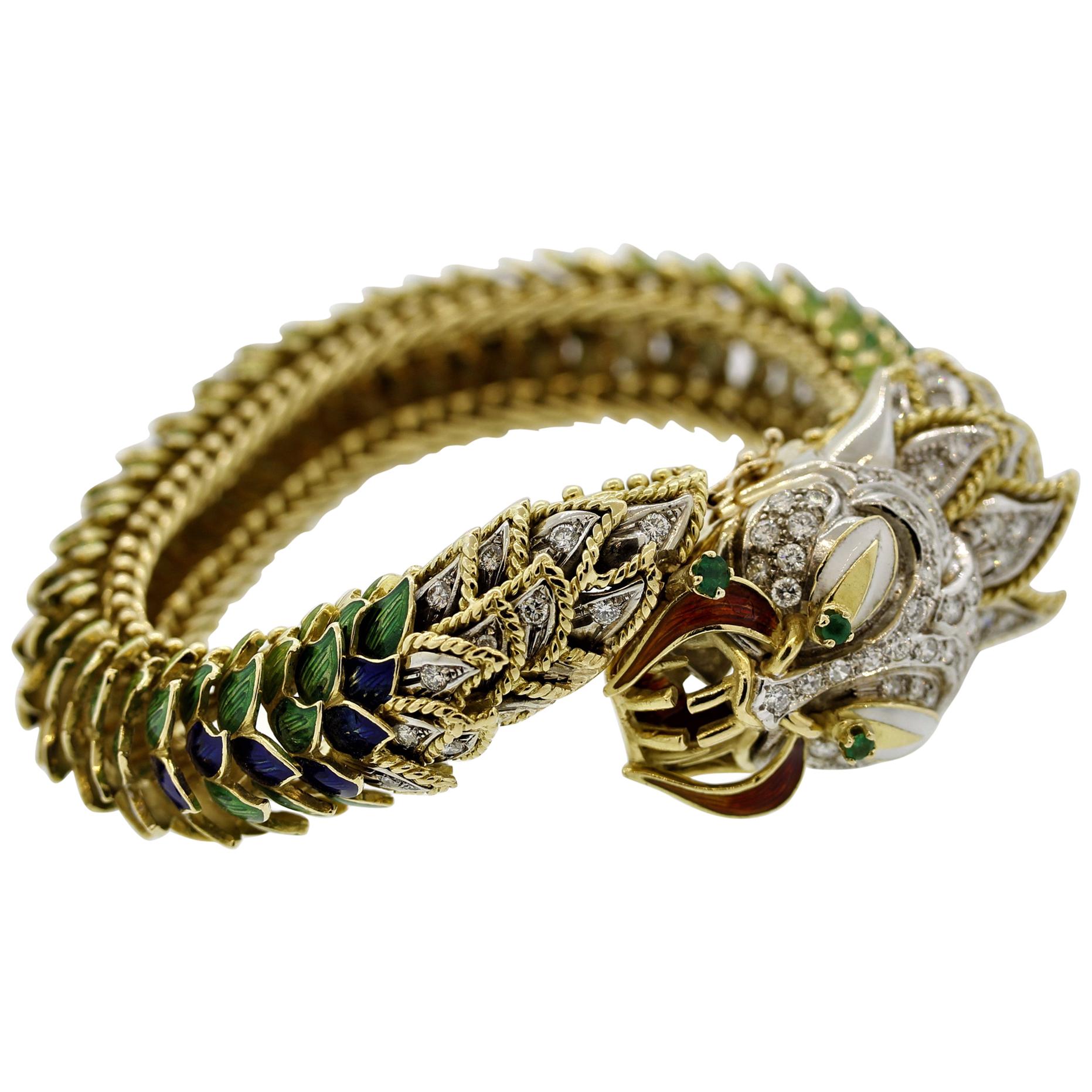 Italian Diamond Emerald Enamel Dragon Gold Bracelet For Sale