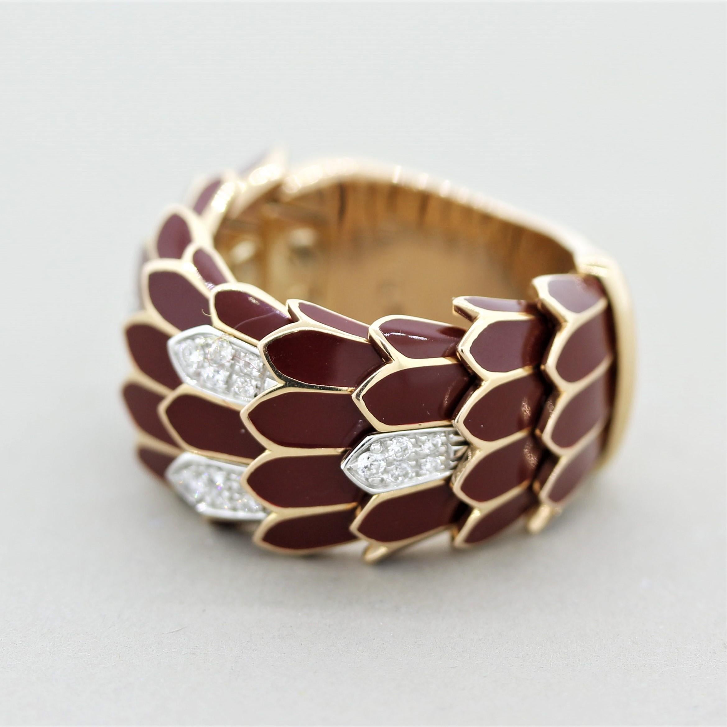 Round Cut Italian Diamond Enameled Gold Snake Scales Band Ring