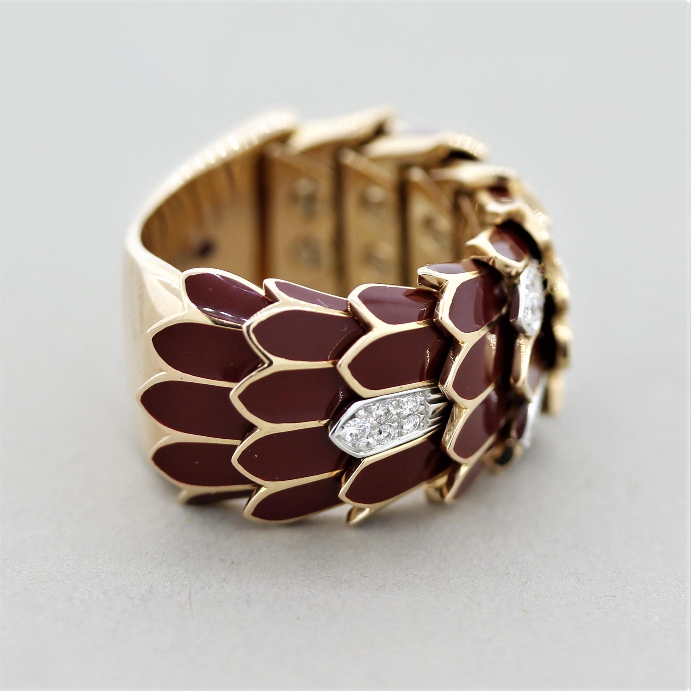 Women's Italian Diamond Enameled Gold Snake Scales Band Ring