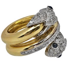 Italian Diamond Encrusted Two Headed Snake Ring With Sapphire Eyes in 18K Gold