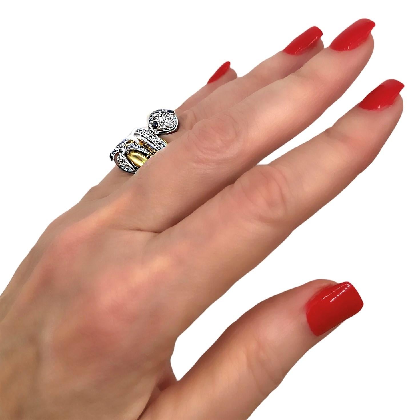 Women's Italian Diamond Encrusted Two Headed Snake Ring With Cabochon Sapphire Eyes For Sale