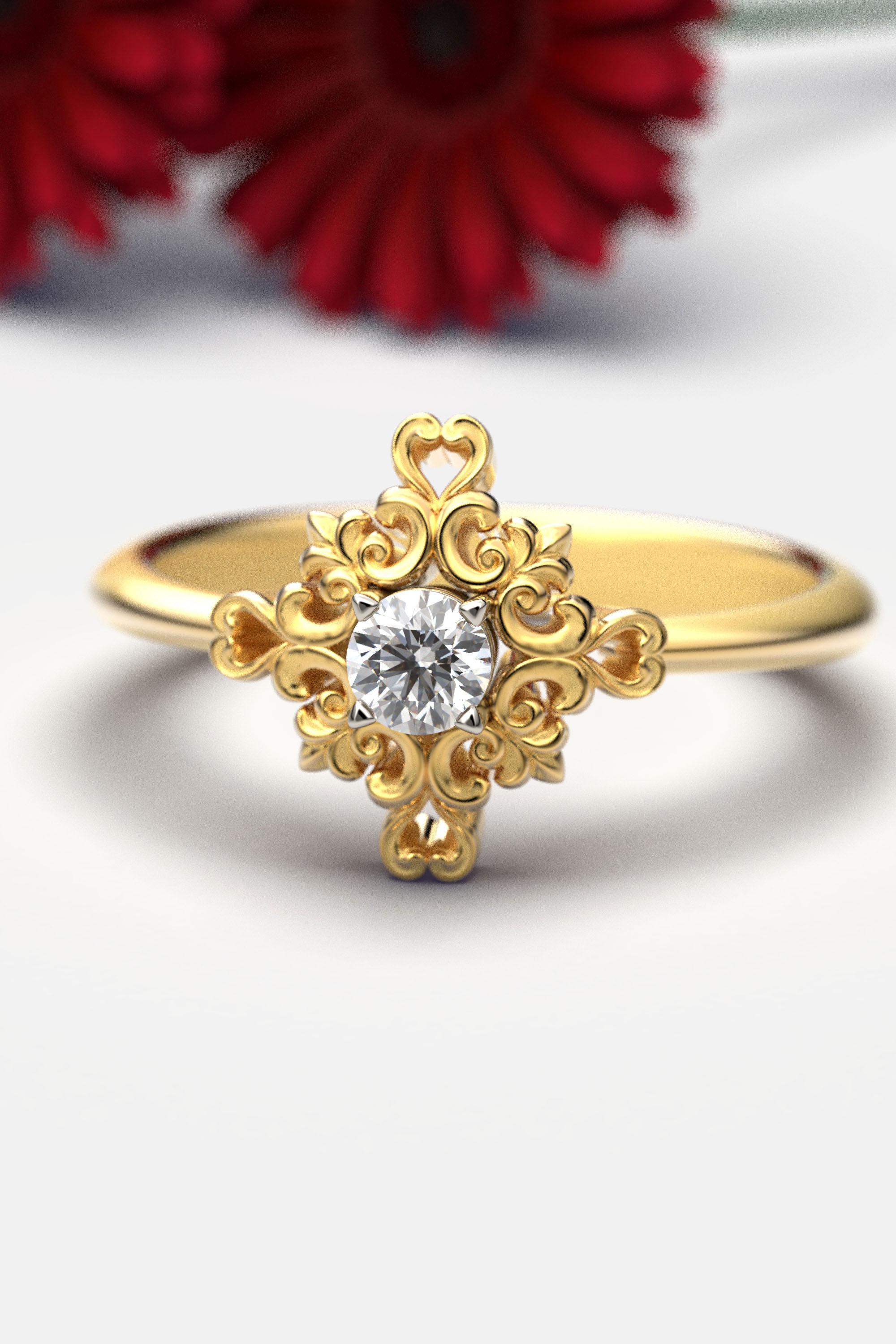 En vente :  Bague de fiançailles italienne en or 18 carats et diamants avec sertissage baroque 2