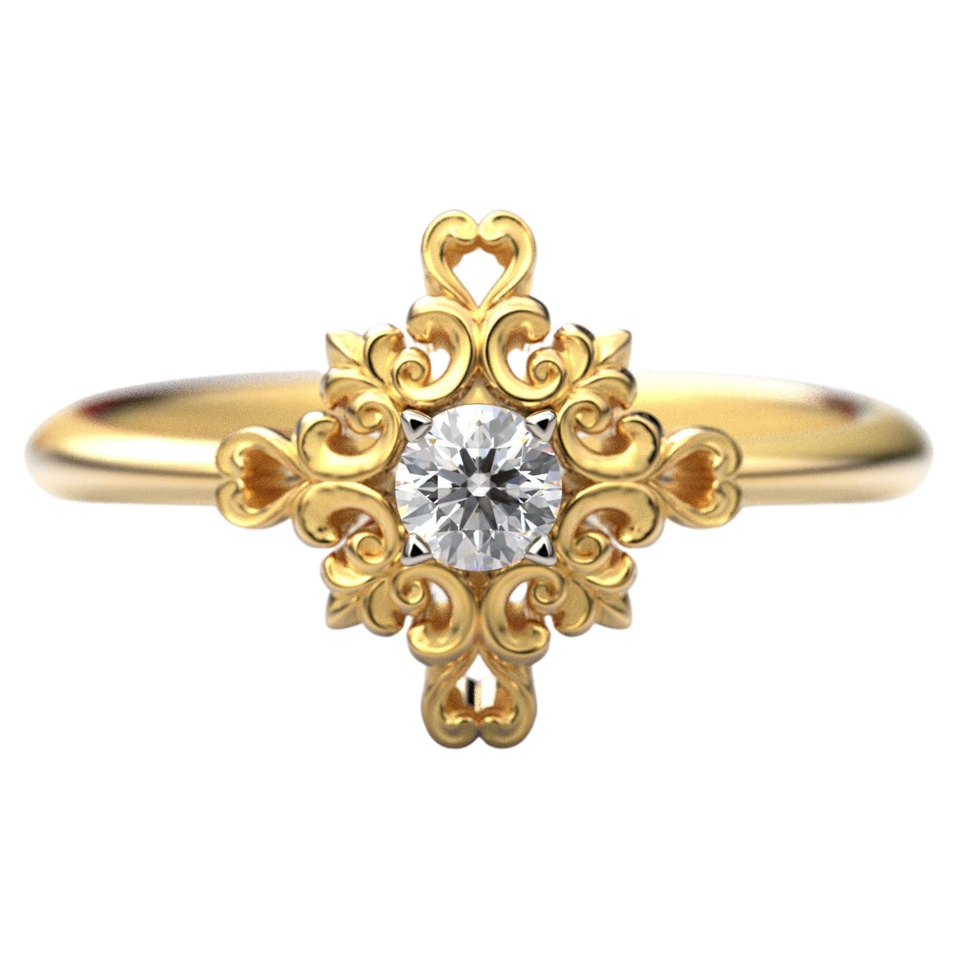 En vente :  Bague de fiançailles italienne en or 18 carats et diamants avec sertissage baroque