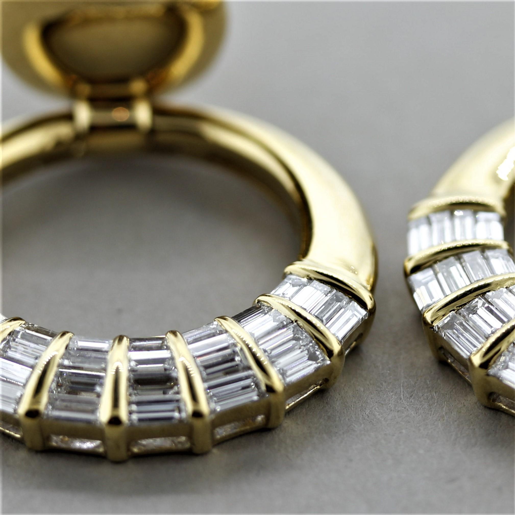 Baguette Cut Italian Diamond Gold Door Knocker Earrings For Sale