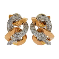 Italian Diamond Gold Modern Link Hoop Earrings