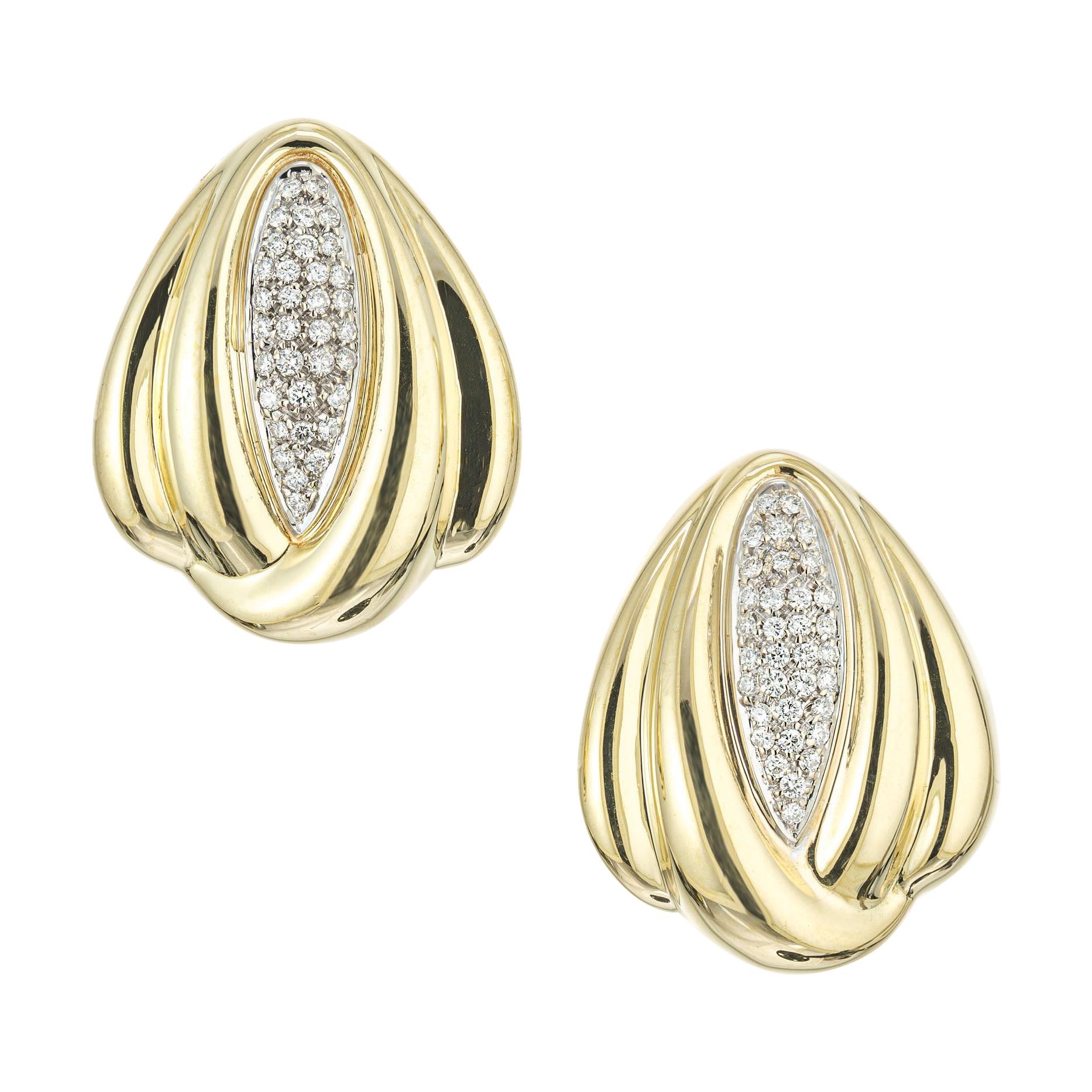 Italian Diamond Gold Swirl Clip Post Earrings For Sale