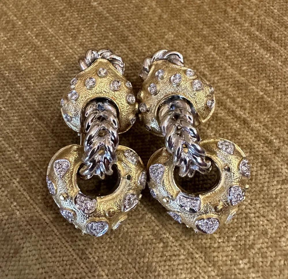 Round Cut ITALIAN Diamond Heart Drop Earrings in 18k Yellow & White Gold For Sale