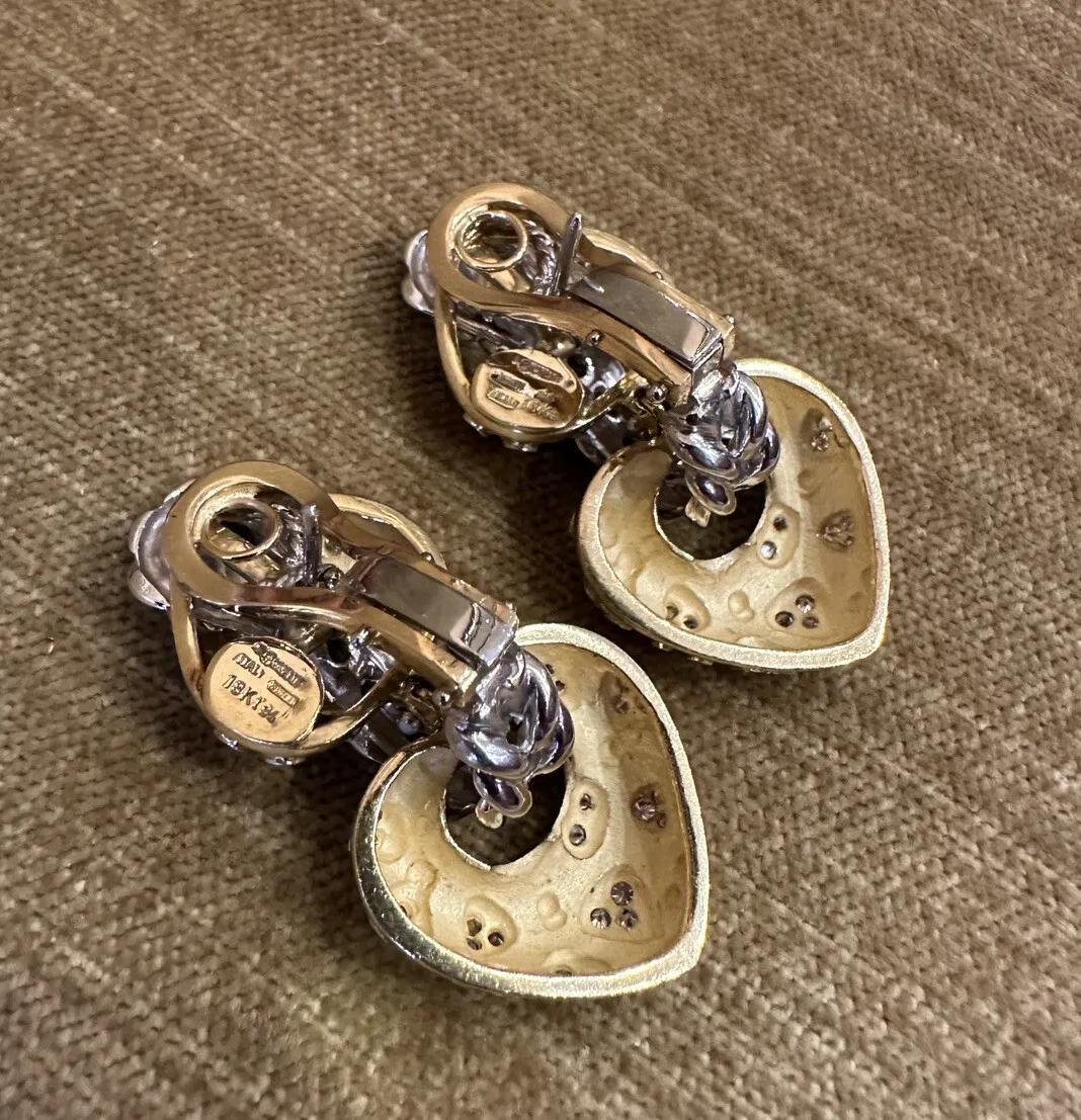 ITALIAN Diamond Heart Drop Earrings in 18k Yellow & White Gold In Excellent Condition For Sale In La Jolla, CA