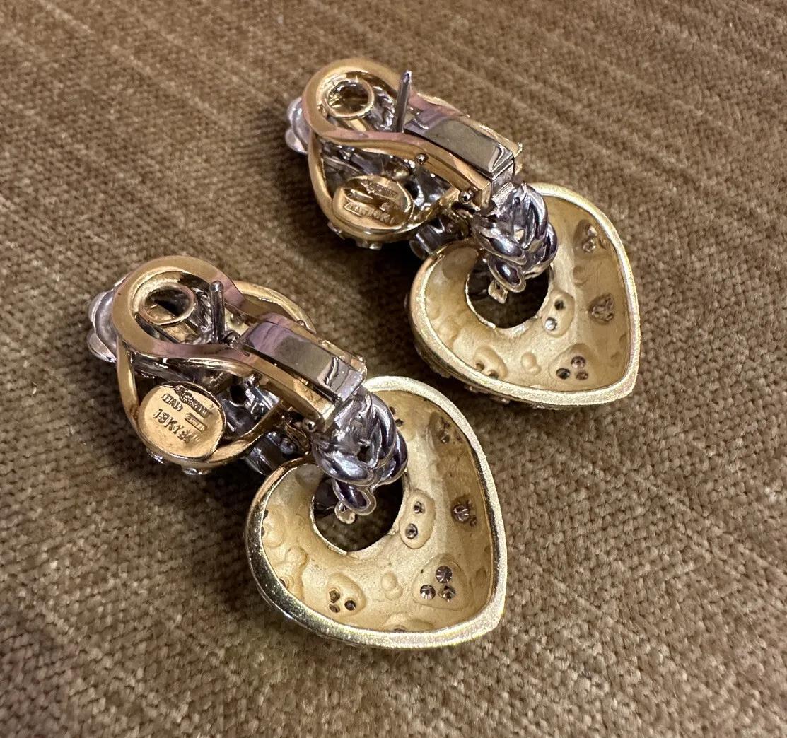 Women's ITALIAN Diamond Heart Drop Earrings in 18k Yellow & White Gold For Sale