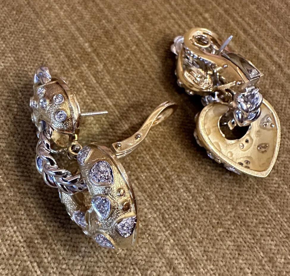 ITALIAN Diamond Heart Drop Earrings in 18k Yellow & White Gold For Sale 1