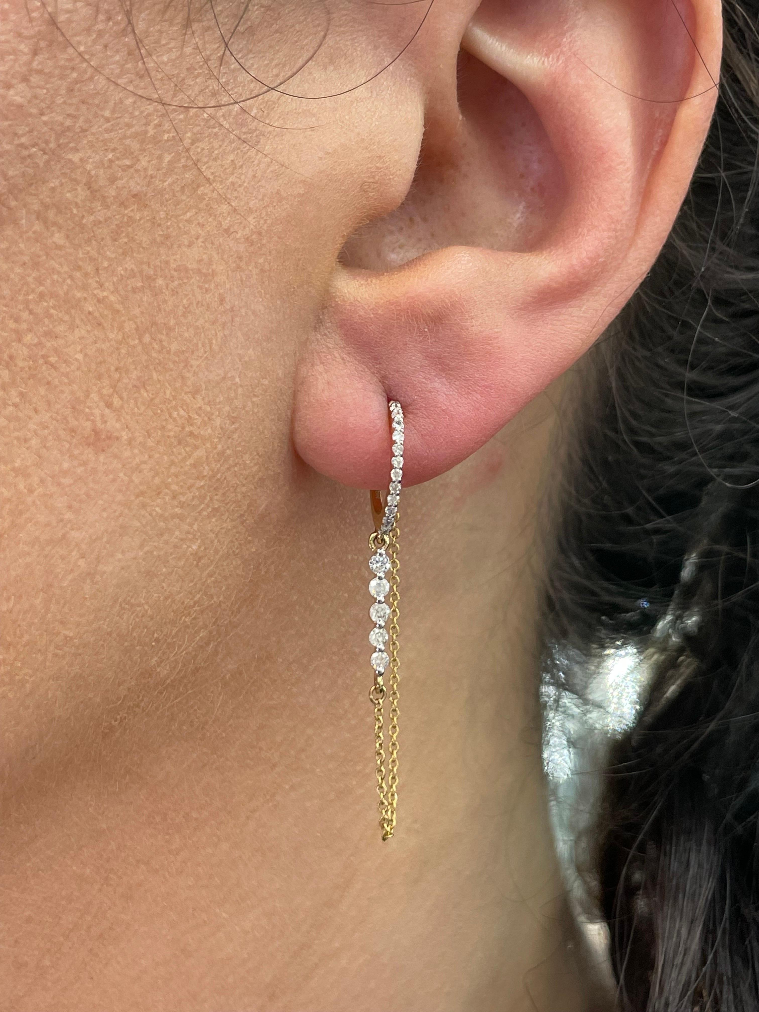 Contemporary Italian Diamond Huggie Chain Drop Earrings 0.40 Carats 14 Karat Yellow Gold For Sale