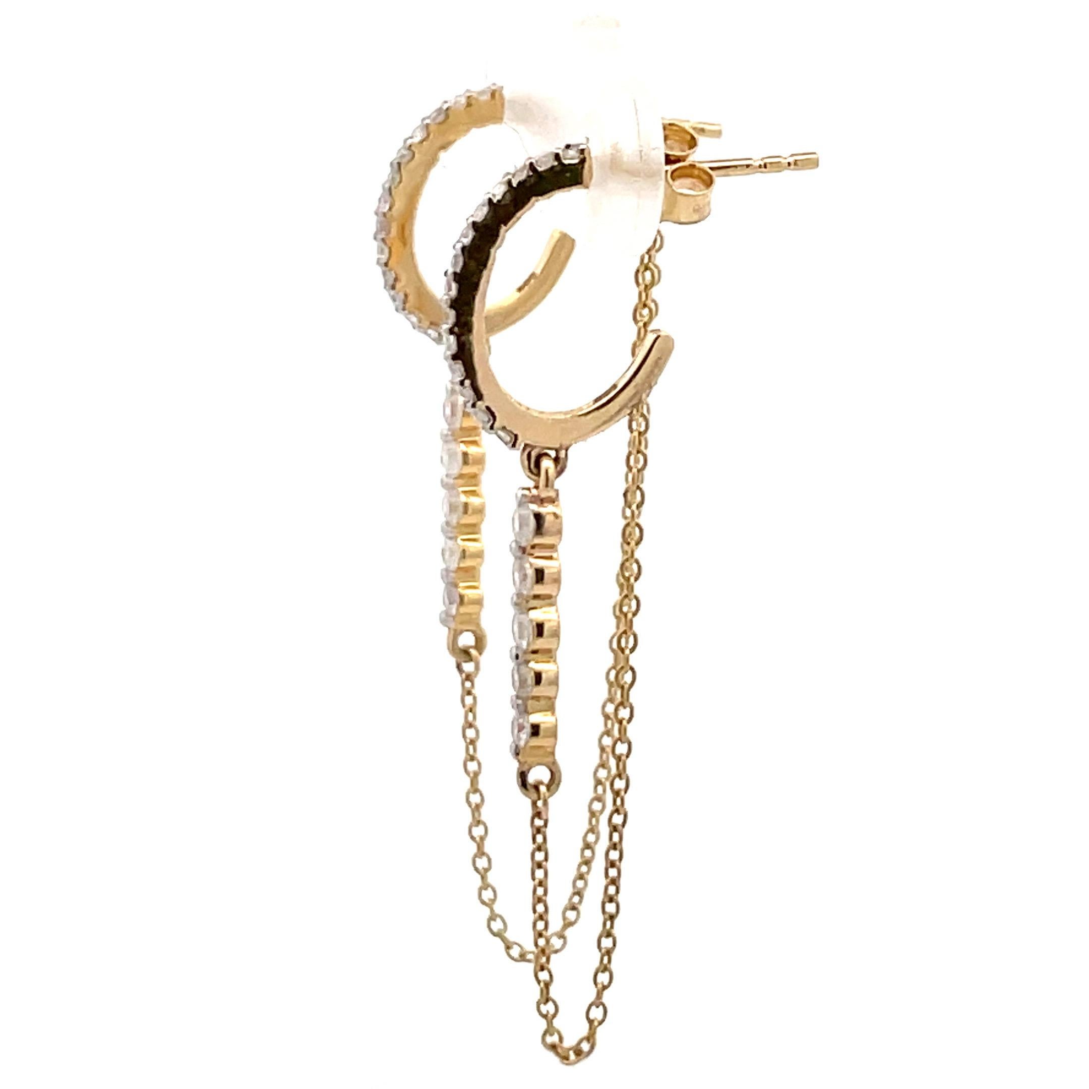 Women's Italian Diamond Huggie Chain Drop Earrings 0.40 Carats 14 Karat Yellow Gold For Sale
