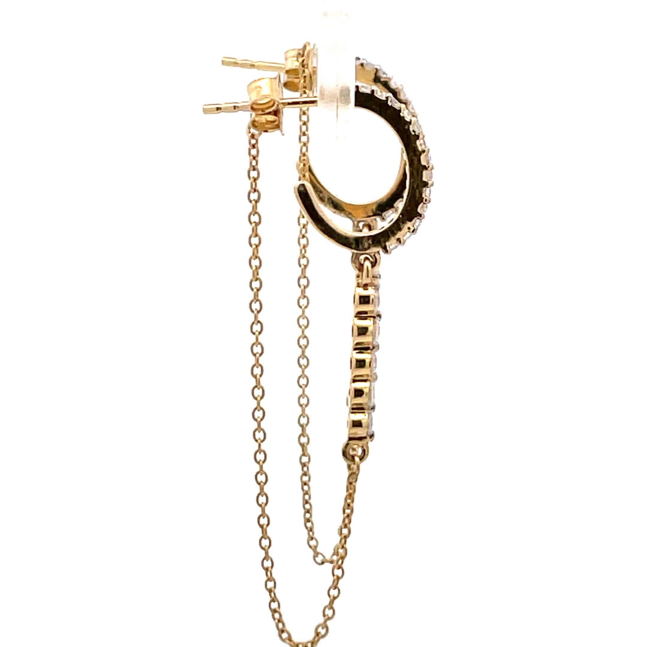 Italian Diamond Huggie Chain Drop Earrings 0.40 Carats 14 Karat Yellow Gold For Sale 1