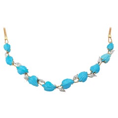 Italian Diamond Natural Turquoise 18 Carats Yellow White Gold Necklace