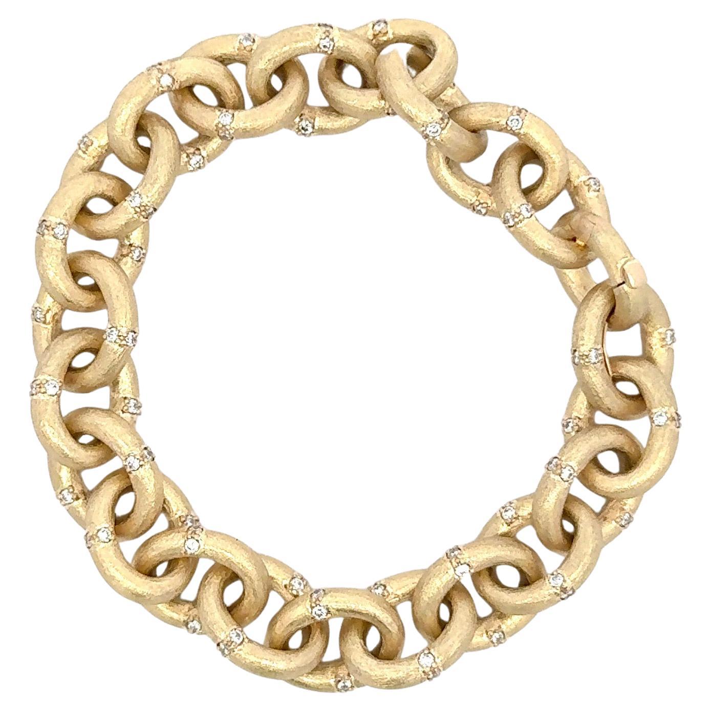 Italian Diamond Oval Matte Finish Link Bracelet 14 Karat Yellow Gold 1.32 Carats