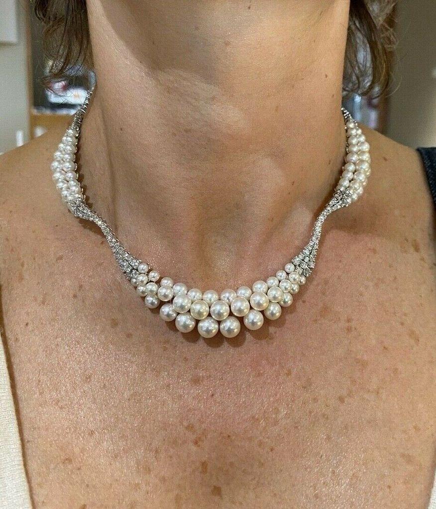 Italian Diamond Pearl Gold Necklace In Excellent Condition In Lambertville, NJ