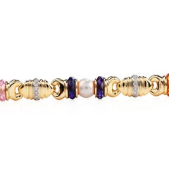 Italian Diamond Pearl Multi-Color Gemstones 18k Gold Retro Link Bracelet