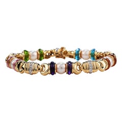 Italian Diamond Pearl Multi-Color Gemstones 18k Gold Retro Link Bracelet