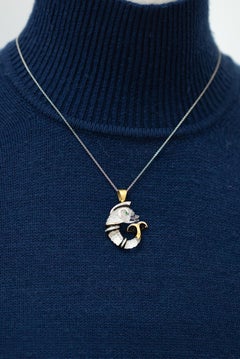 Italian Diamond Rock Crystal Enamel Dolphin Pendant in 18 Karat Yellow Gold