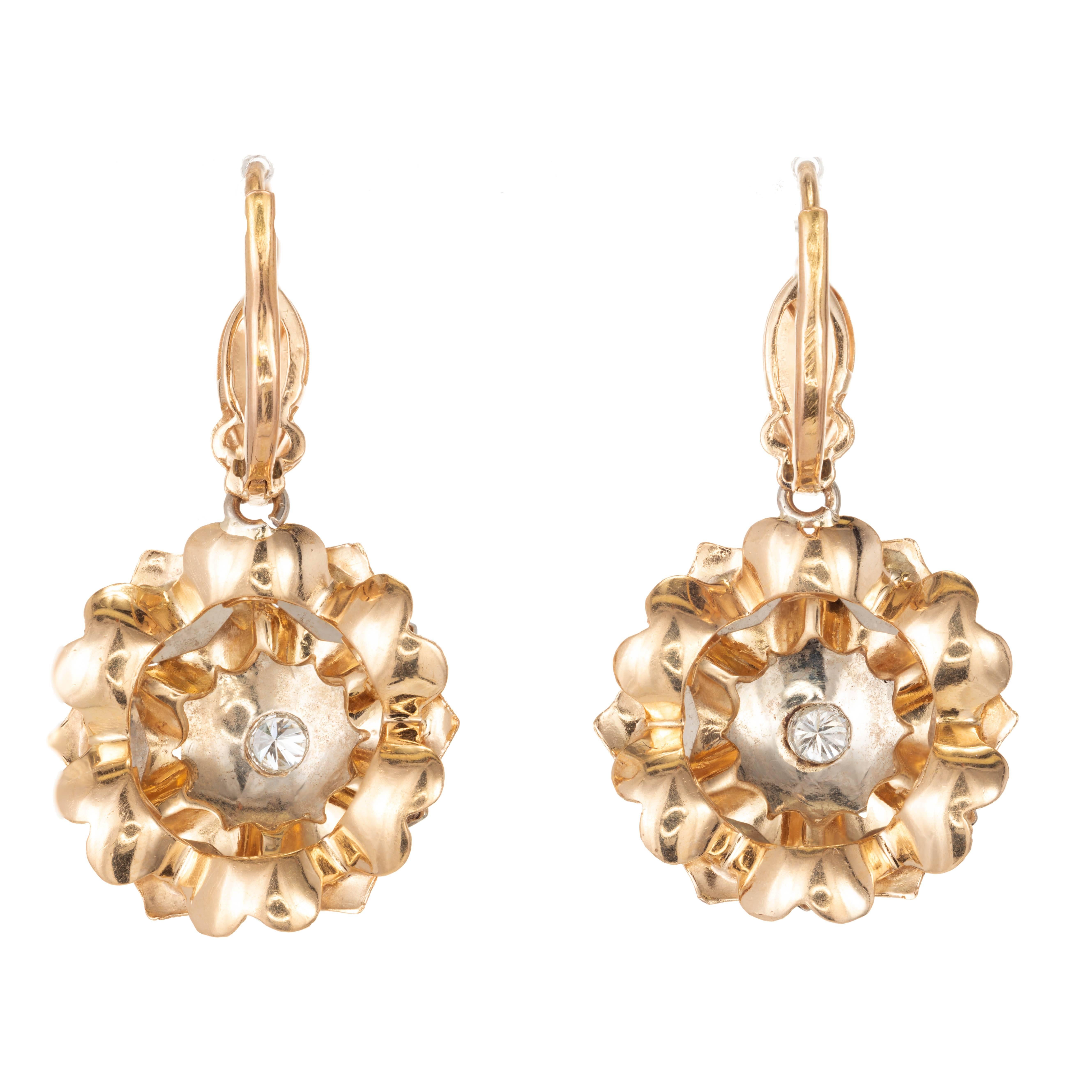 Round Cut Italian Diamond Rose White Gold Dangle Earrings