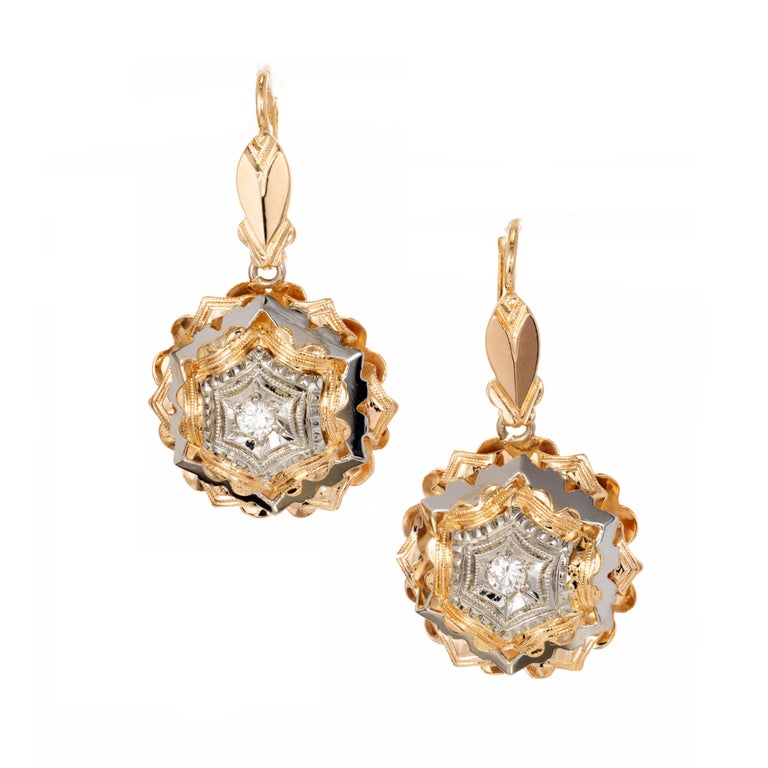 Italian Diamond Rose White Gold Dangle Earrings For Sale at 1stdibs
