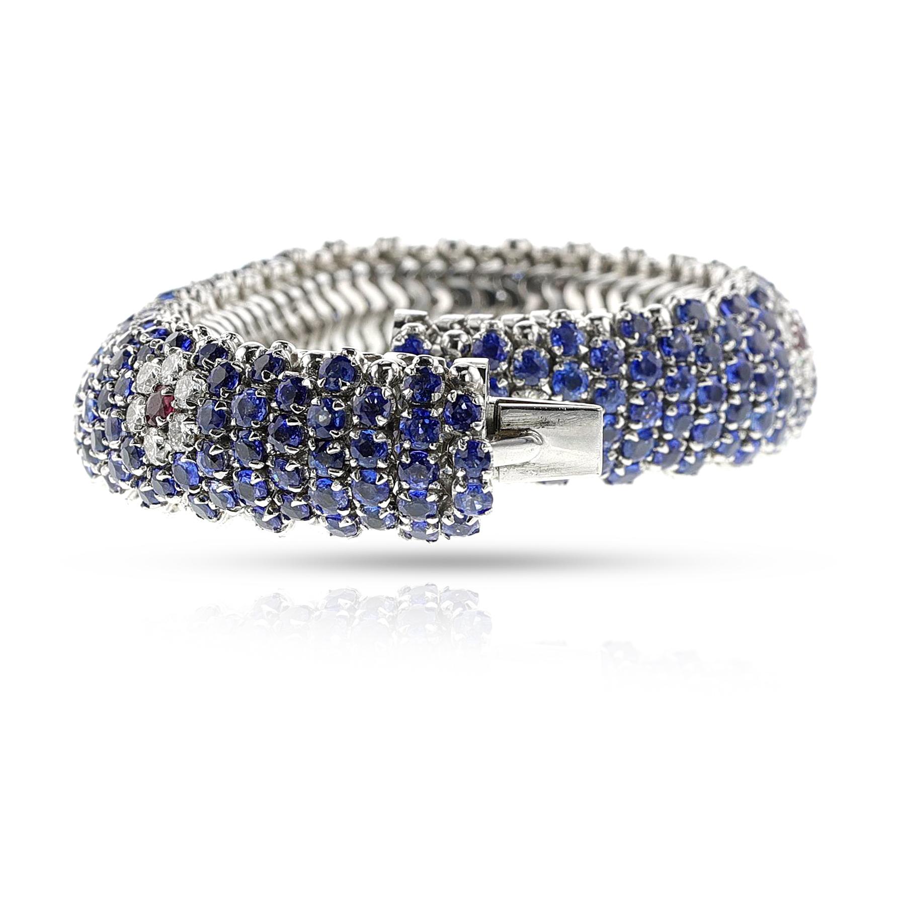 Bracelet italien bombé en diamants, rubis et saphirs, 18 carats en vente 2