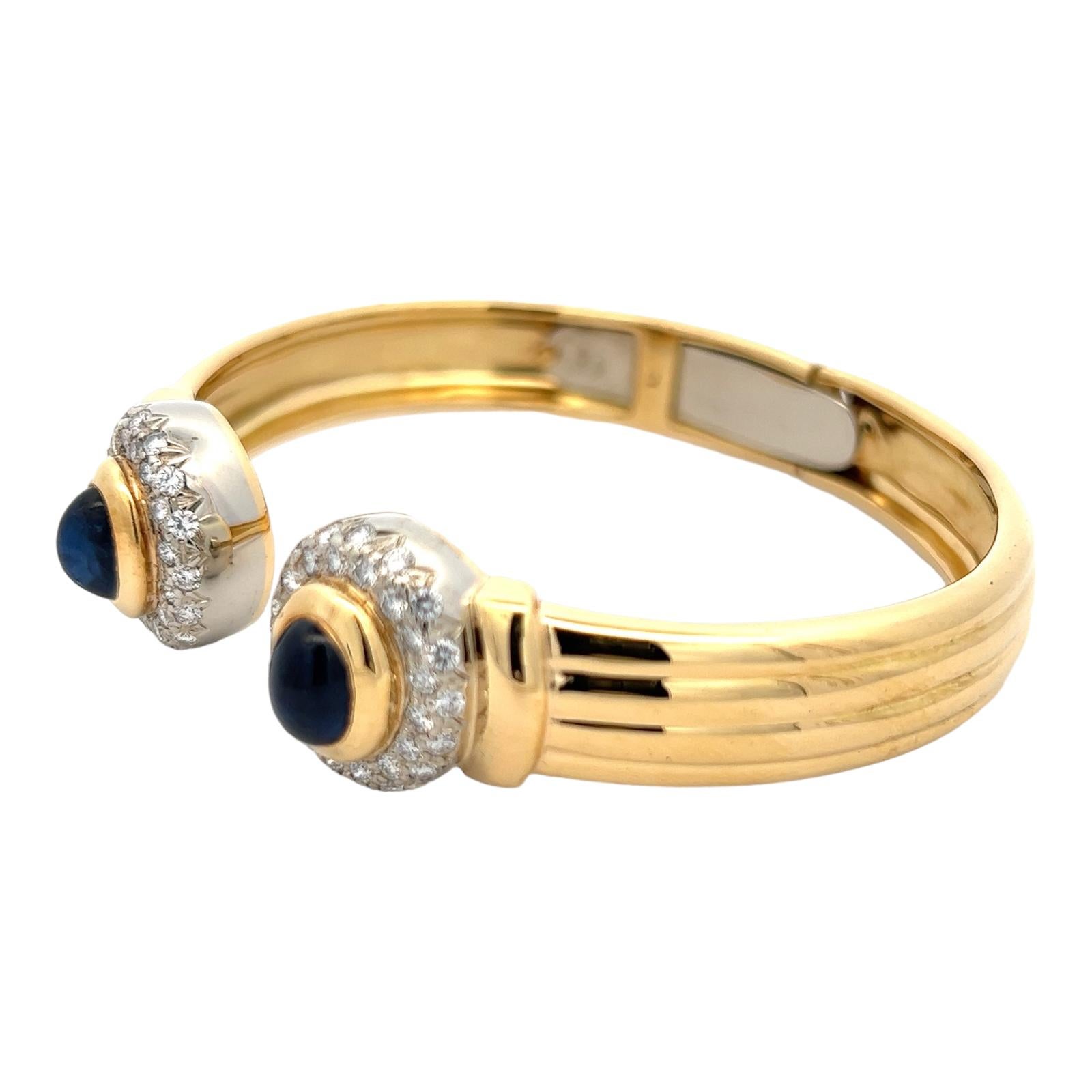 Round Cut Italian Diamond Sapphire 18 Karat Yellow Gold Hinged Cuff Vintage Bracelet