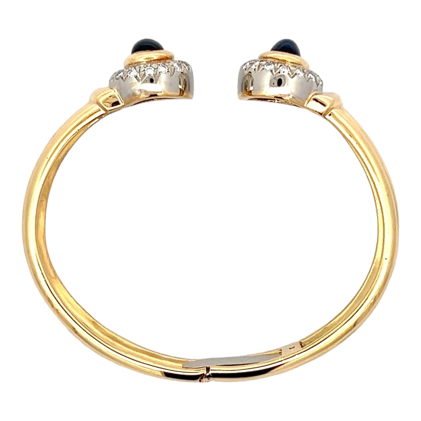 Italian Diamond Sapphire 18 Karat Yellow Gold Hinged Cuff Vintage Bracelet In Excellent Condition In Boca Raton, FL
