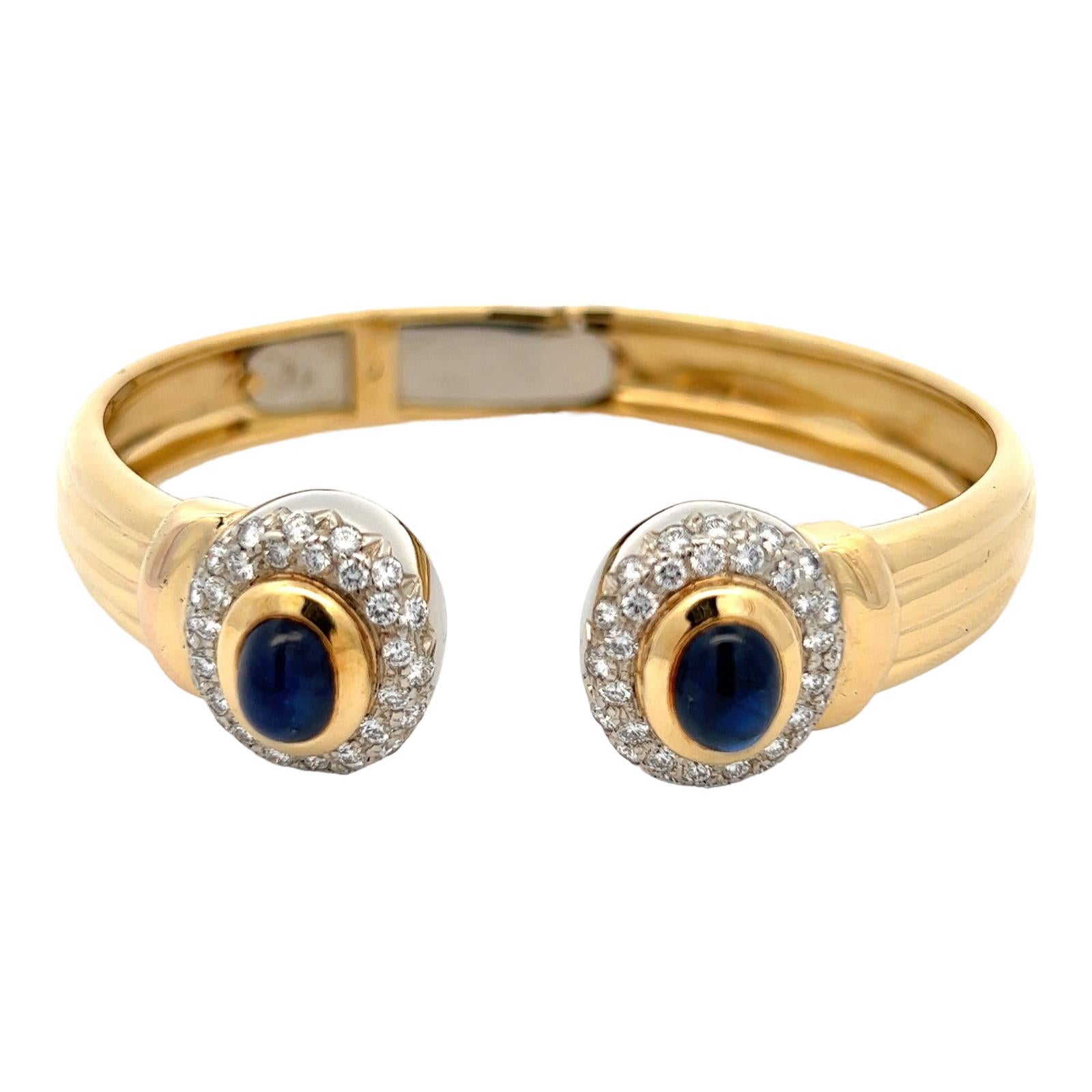 Women's Italian Diamond Sapphire 18 Karat Yellow Gold Hinged Cuff Vintage Bracelet
