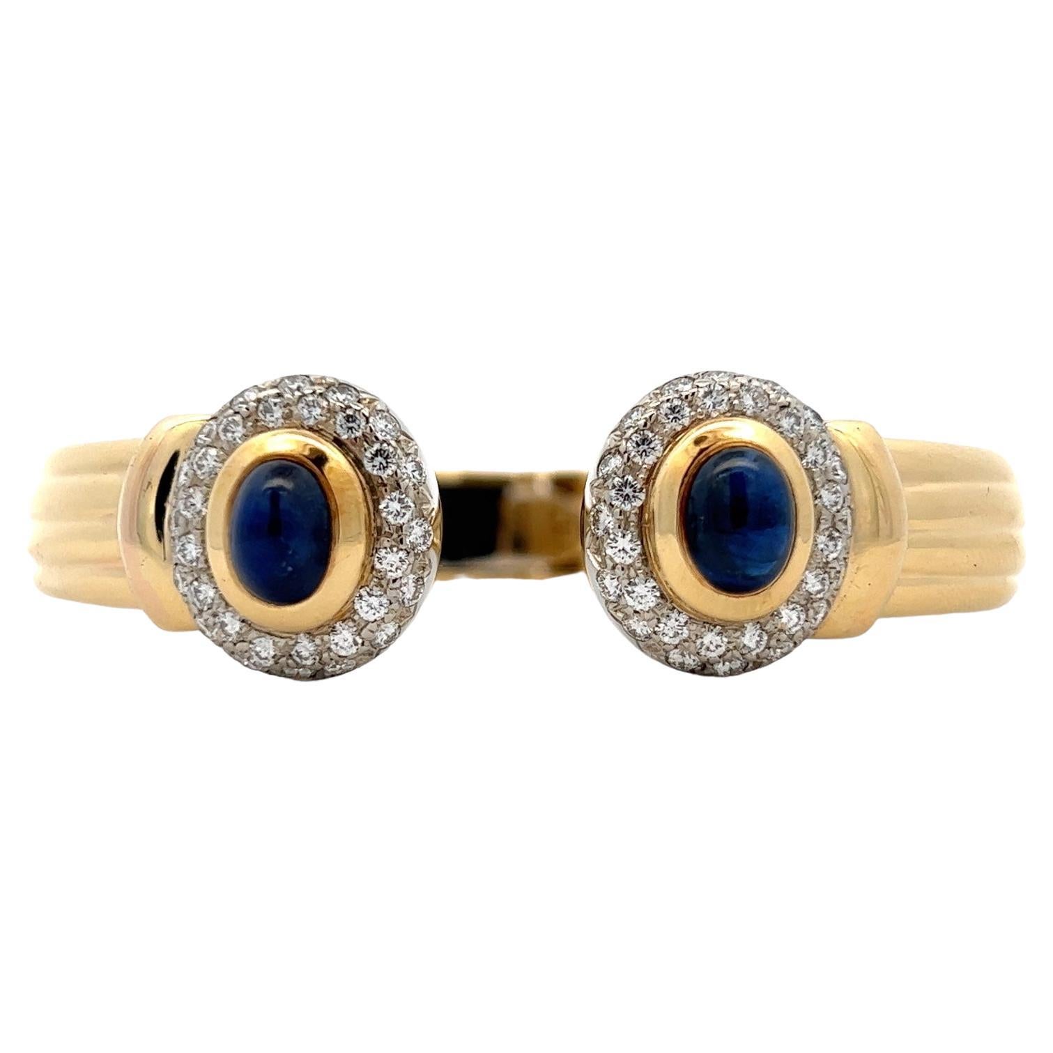 Italian Diamond Sapphire 18 Karat Yellow Gold Hinged Cuff Vintage Bracelet